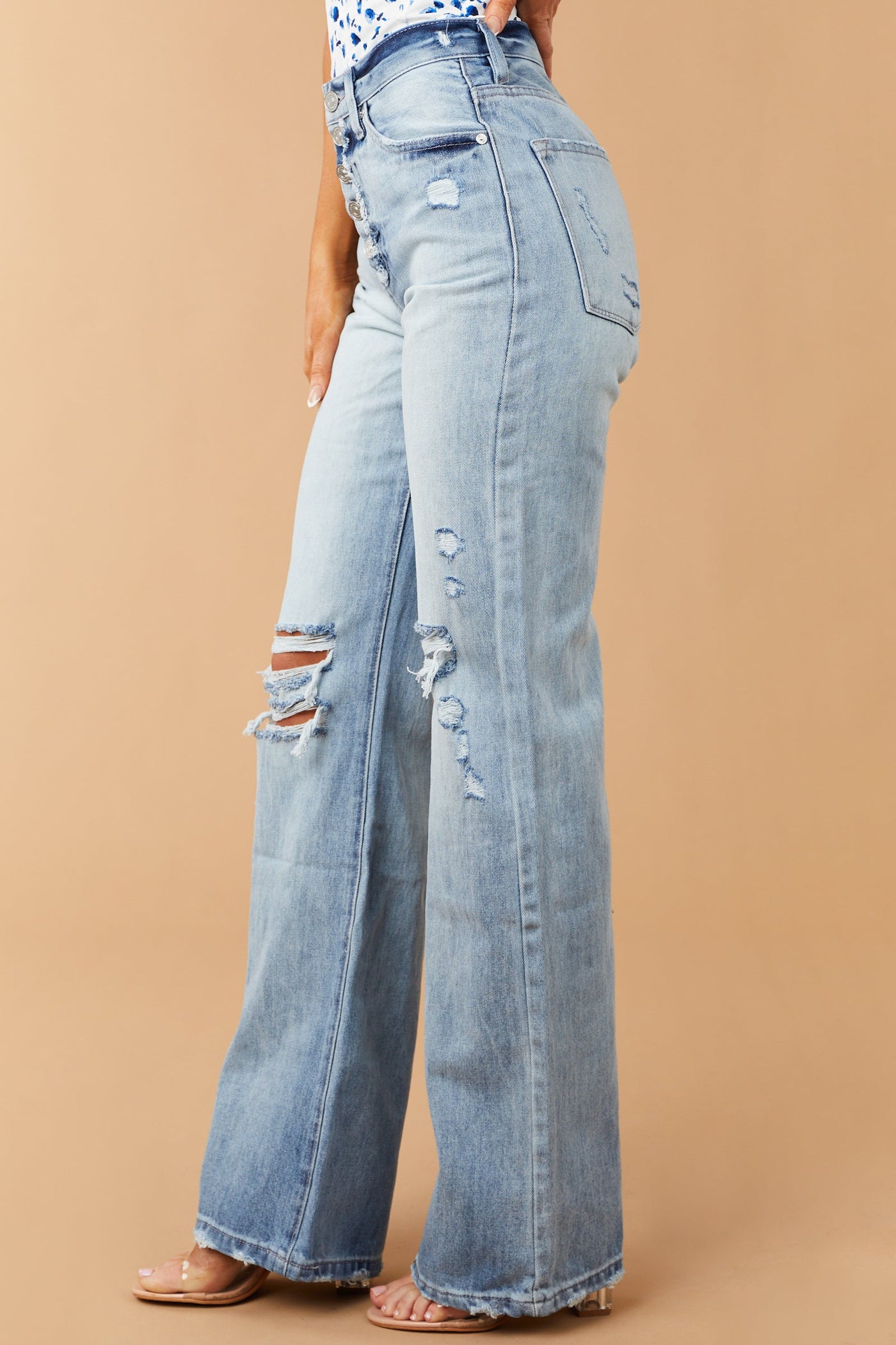 Light Wash Distressed Button Fly Wide Leg Jeans