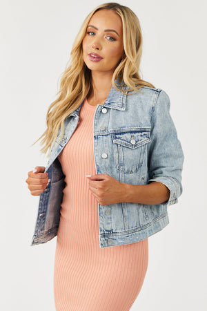 Light Wash Distressed Button Up Denim Jacket