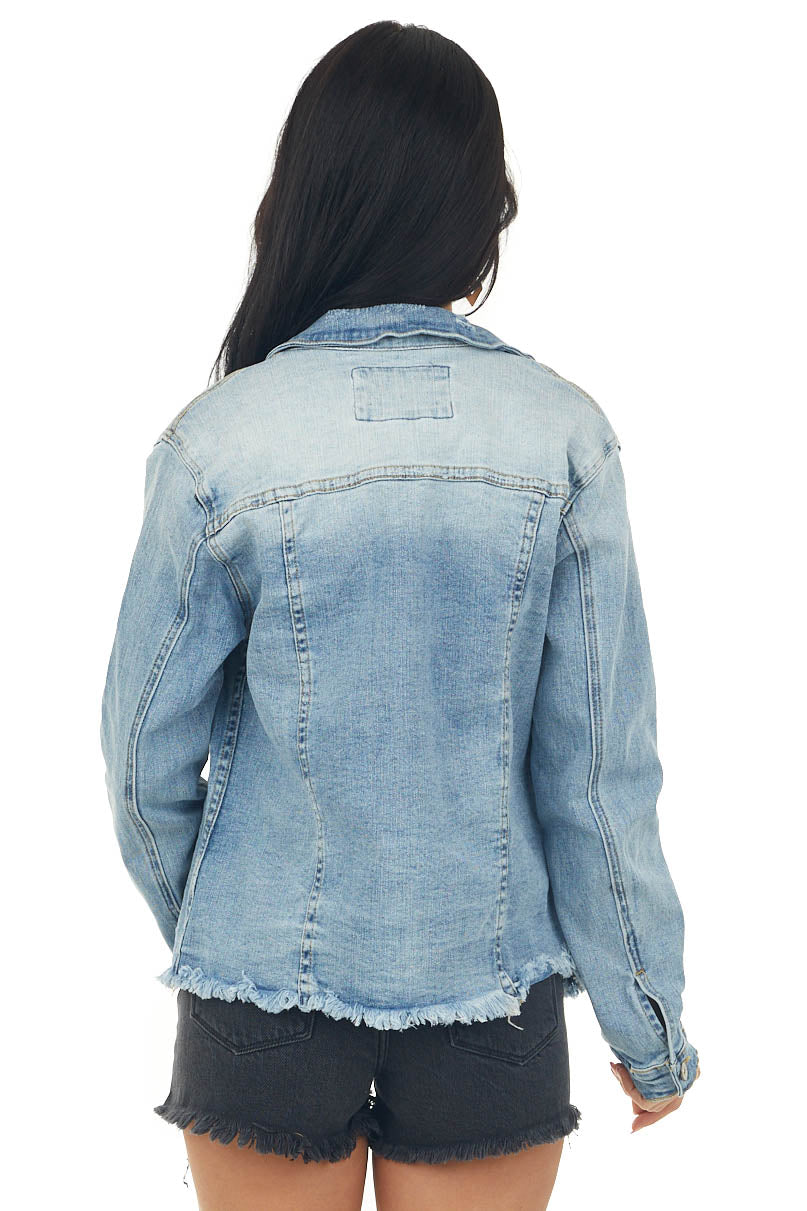 Light Wash Distressed Denim Button Up Jacket