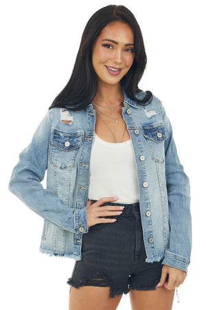 Light Wash Distressed Denim Button Up Jacket