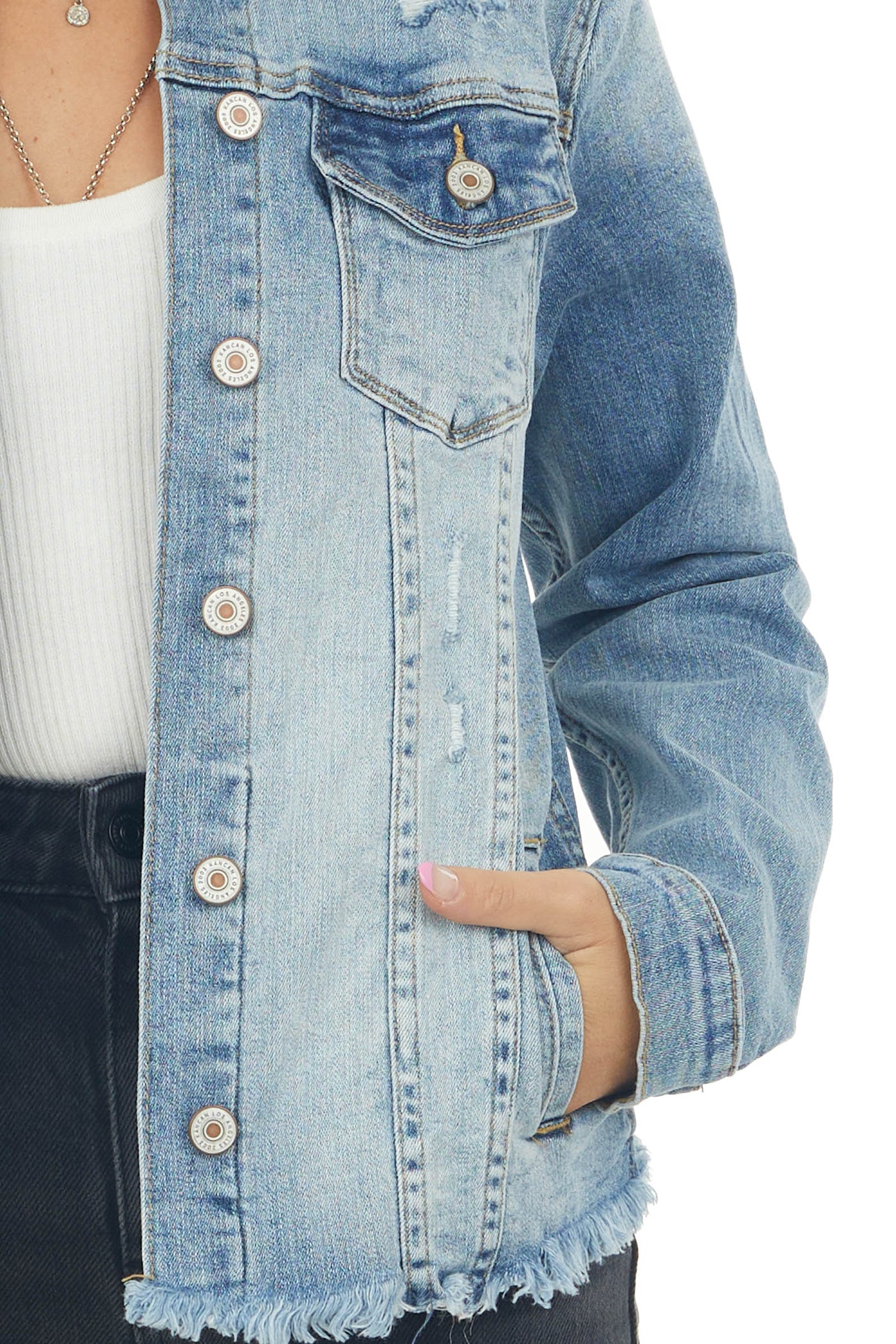 Light Wash Distressed Denim Button Up Jacket
