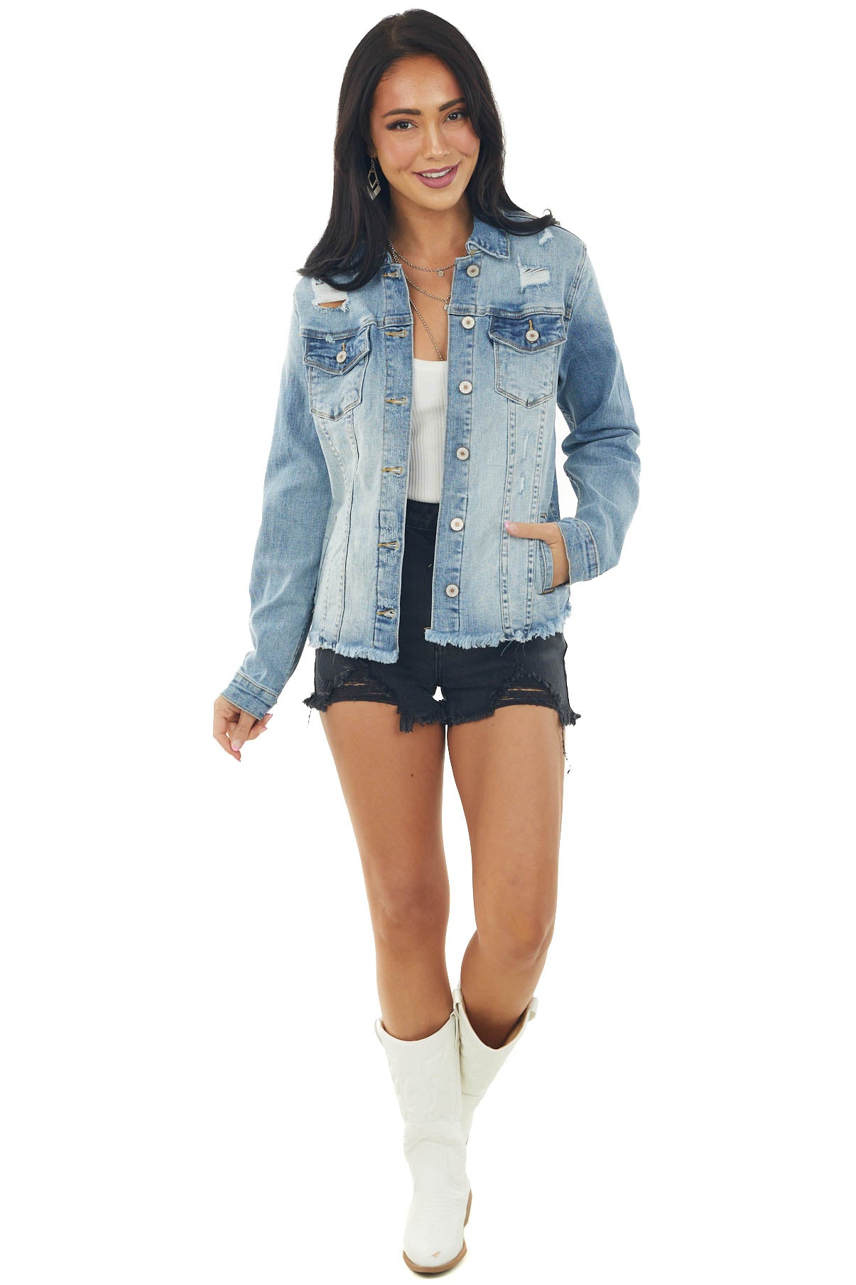 Light Wash Distressed Denim Button Up Jacket