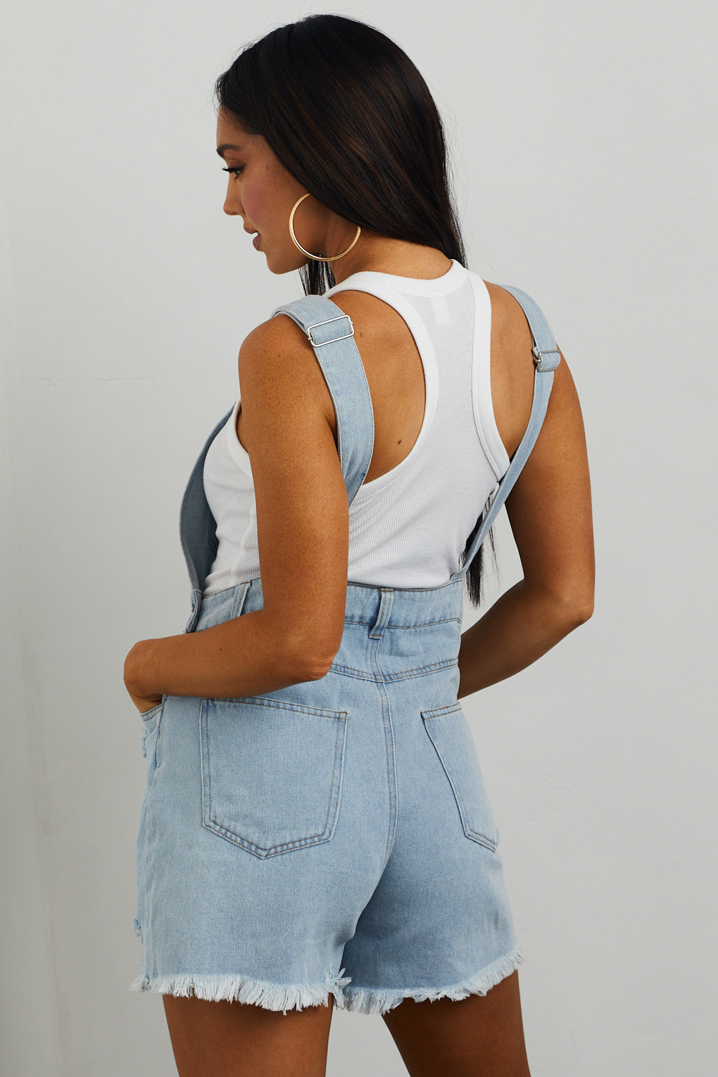 Light Wash Distressed Denim Overalls with Pockets