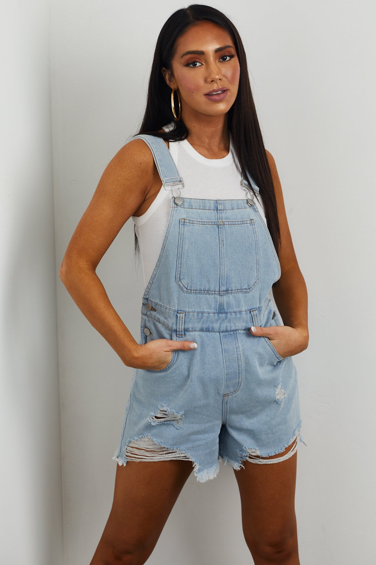 Light Wash Distressed Denim Overalls with Pockets