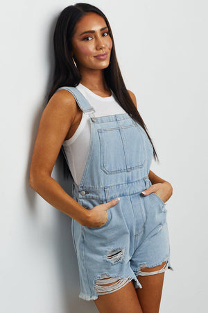 Light Wash Distressed Denim Overalls with Pockets