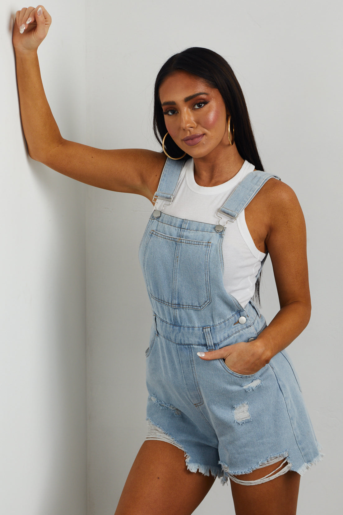 Light Wash Distressed Denim Overalls with Pockets
