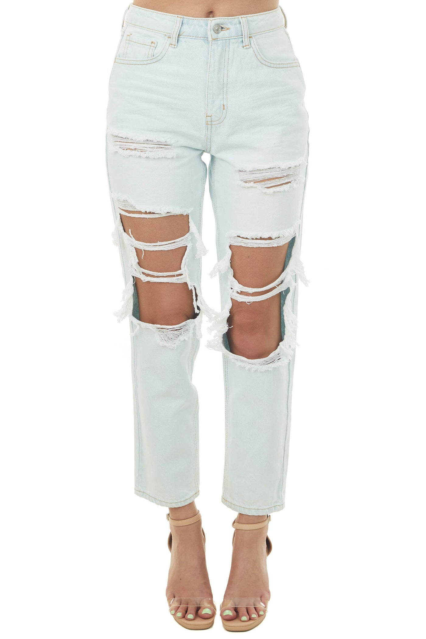 Light Wash Distressed High Rise Straight Leg Jeans