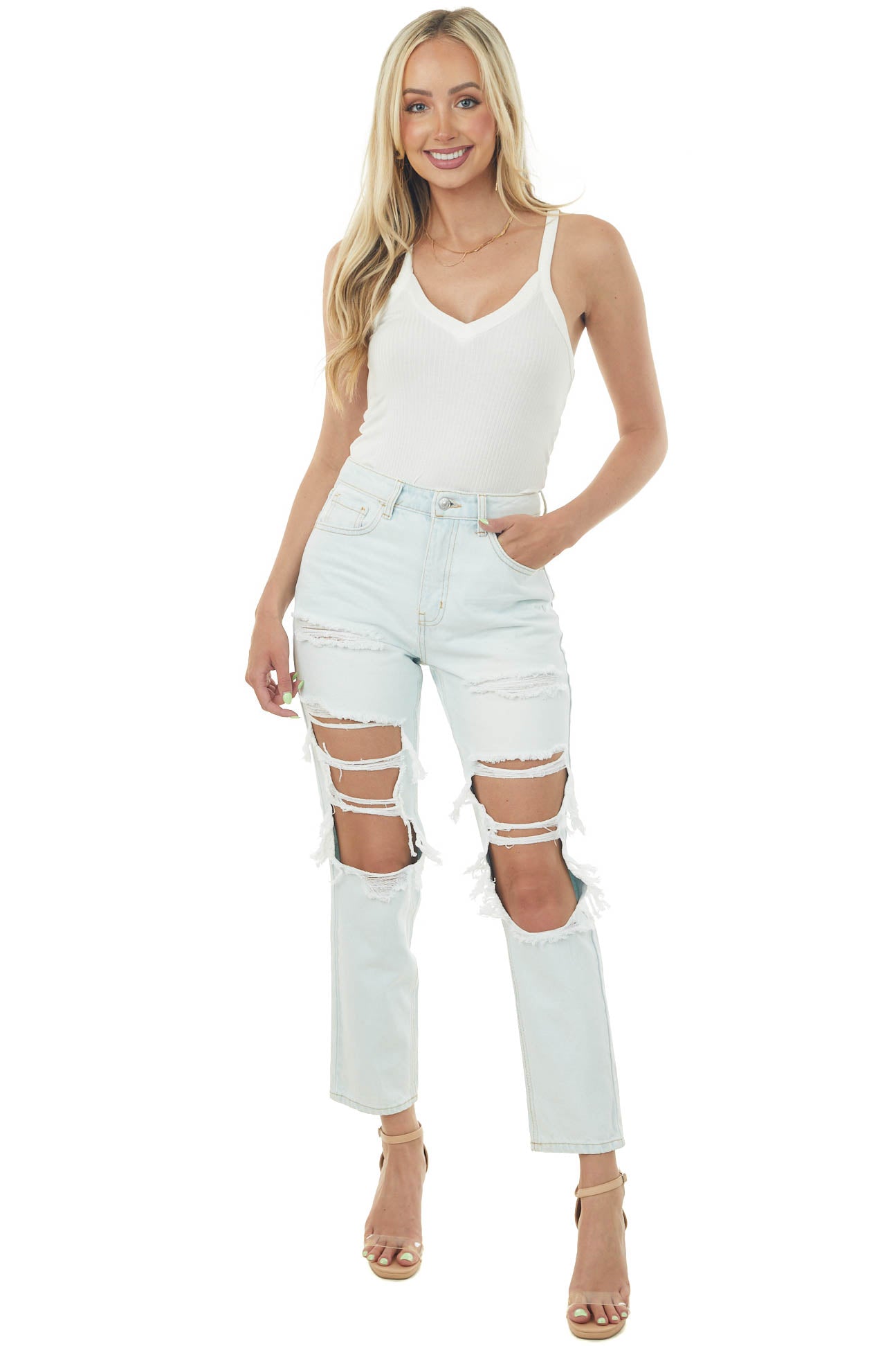 Light Wash Distressed High Rise Straight Leg Jeans