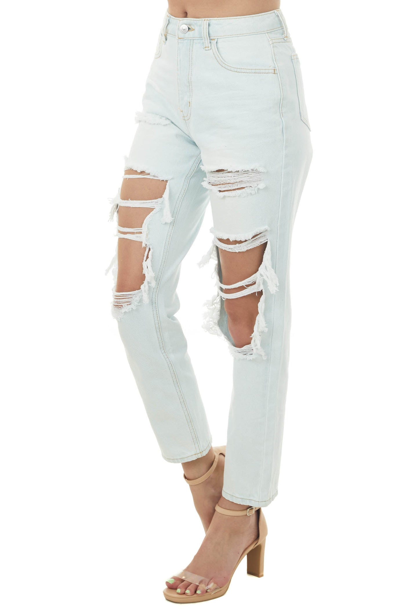 Light Wash Distressed High Rise Straight Leg Jeans