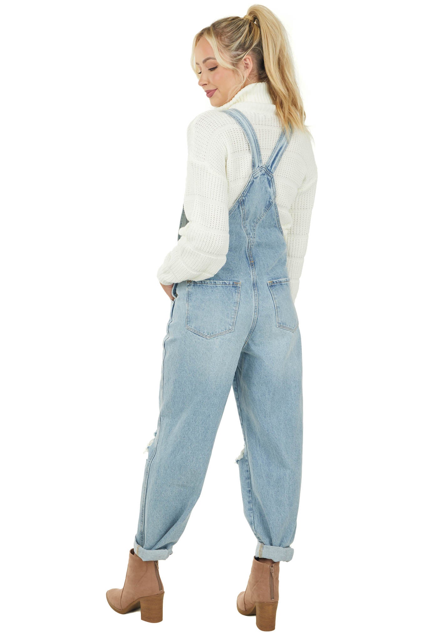 Light Wash Distressed Knee Wide Leg Denim Overalls