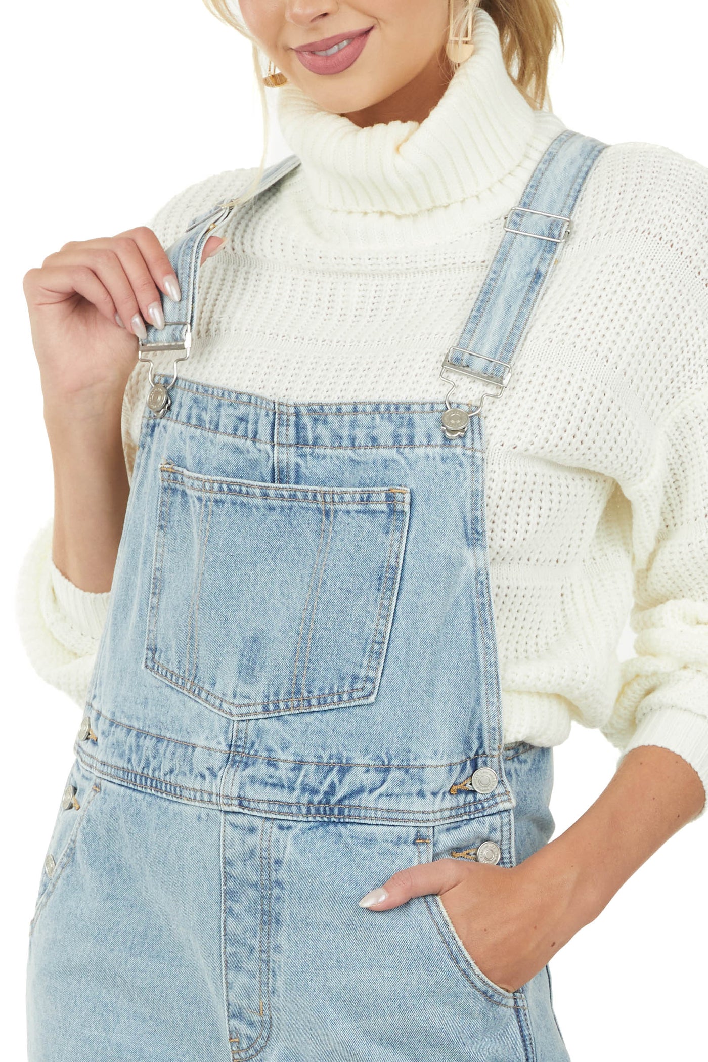 Light Wash Distressed Knee Wide Leg Denim Overalls
