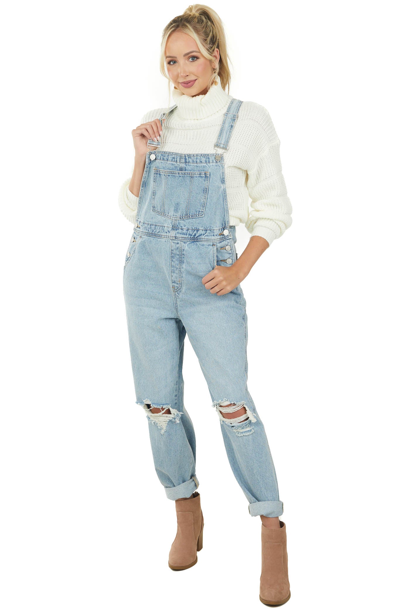Light Wash Distressed Knee Wide Leg Denim Overalls