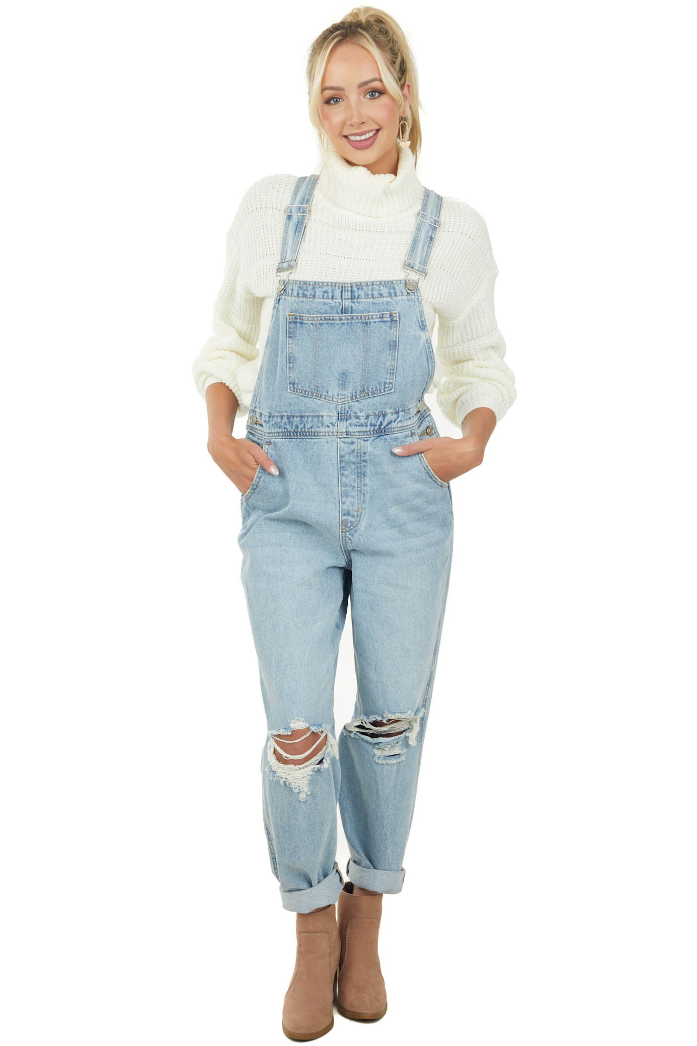Light Wash Distressed Knee Wide Leg Denim Overalls