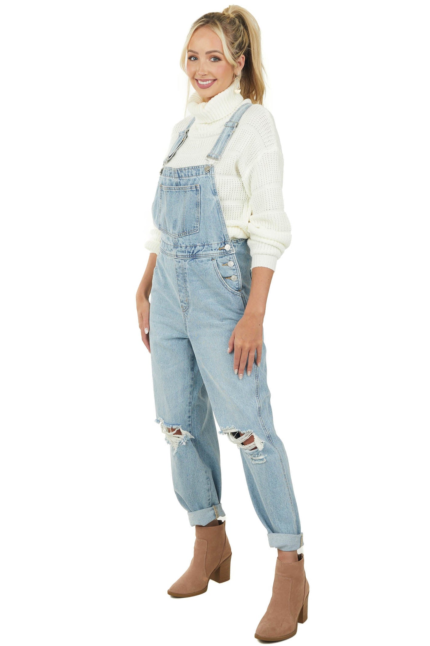 Light Wash Distressed Knee Wide Leg Denim Overalls