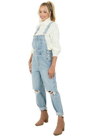 Light Wash Distressed Knee Wide Leg Denim Overalls