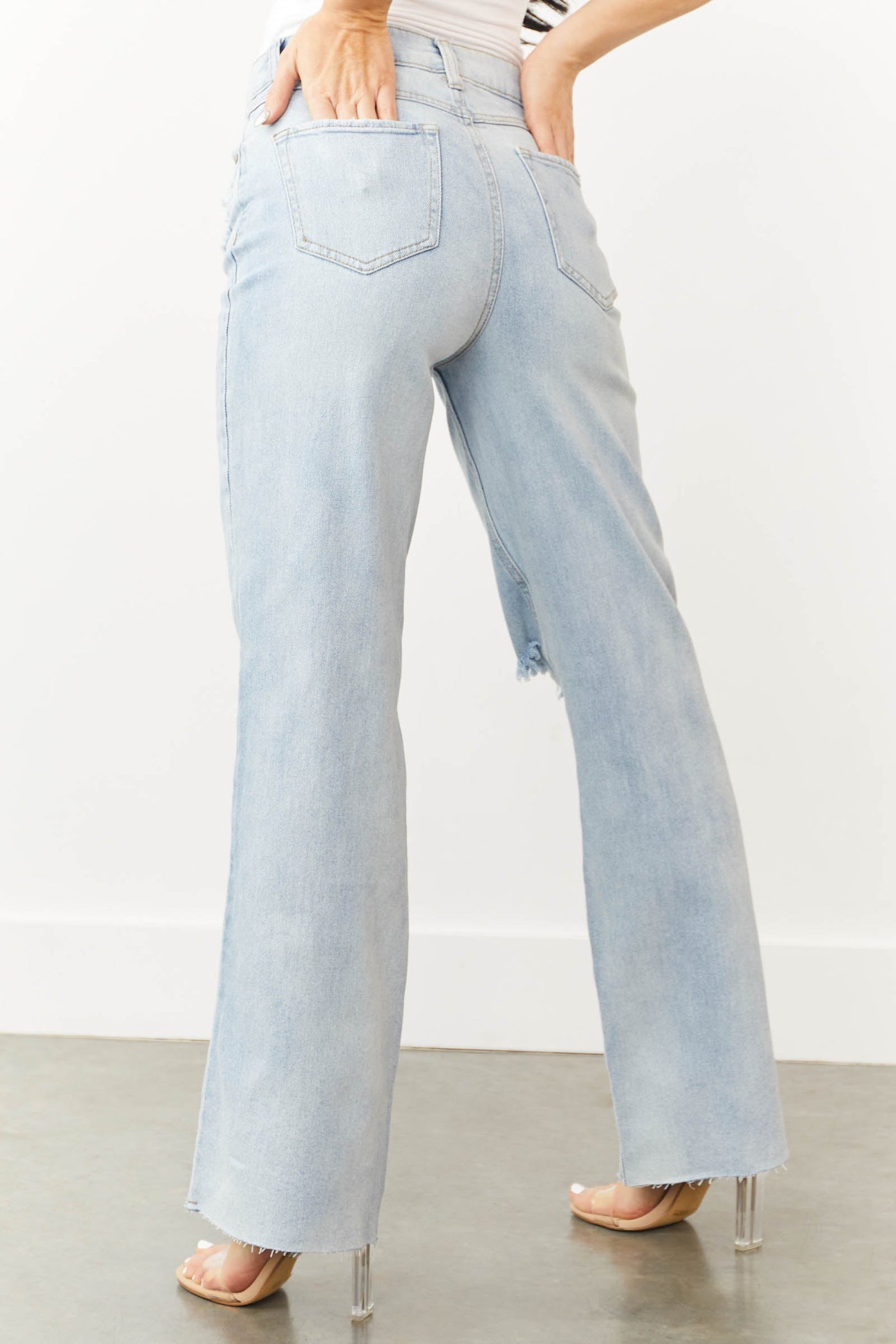 Light Wash Distressed Knee Wide Leg Jeans