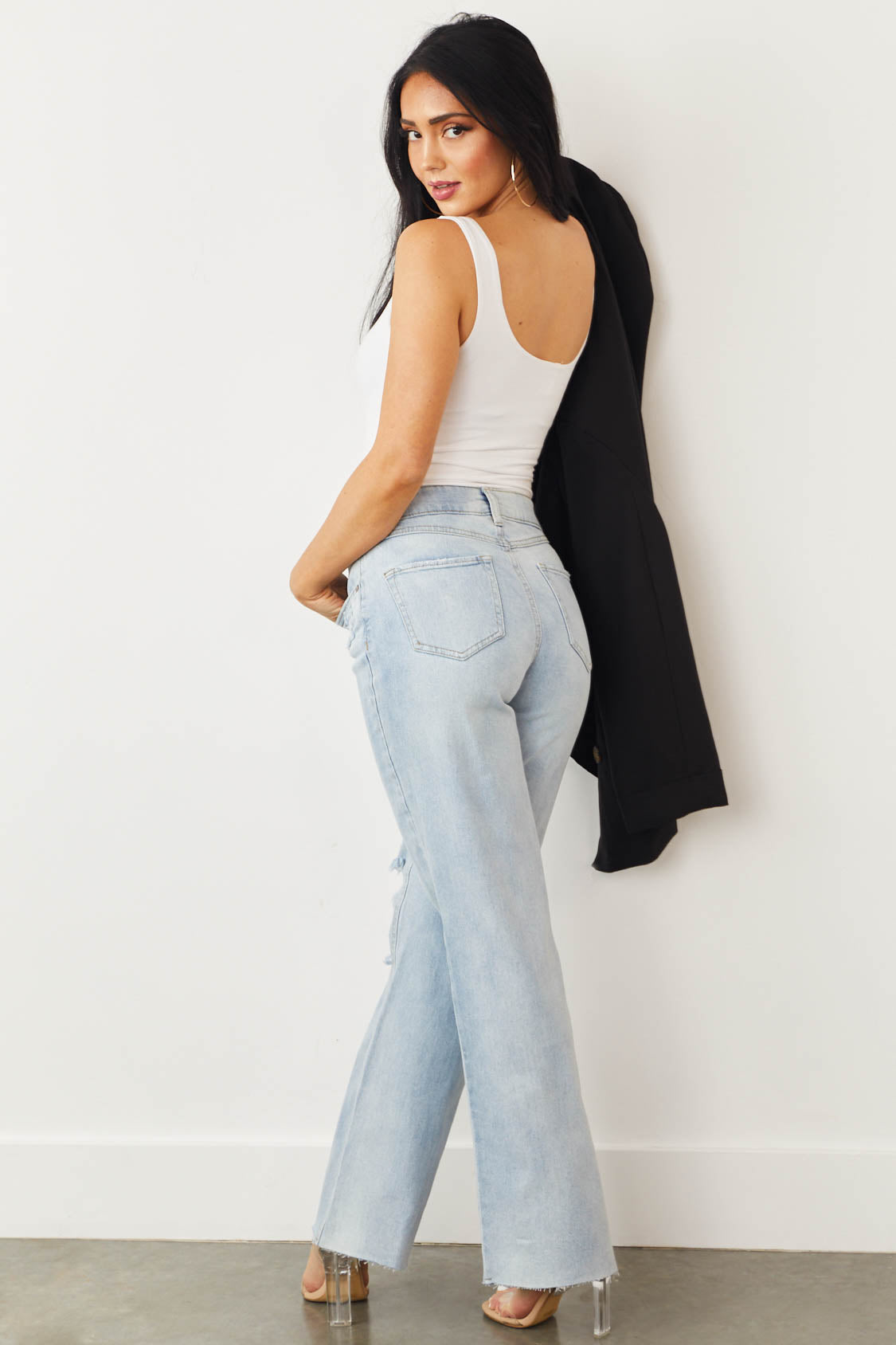 Light Wash Distressed Knee Wide Leg Jeans