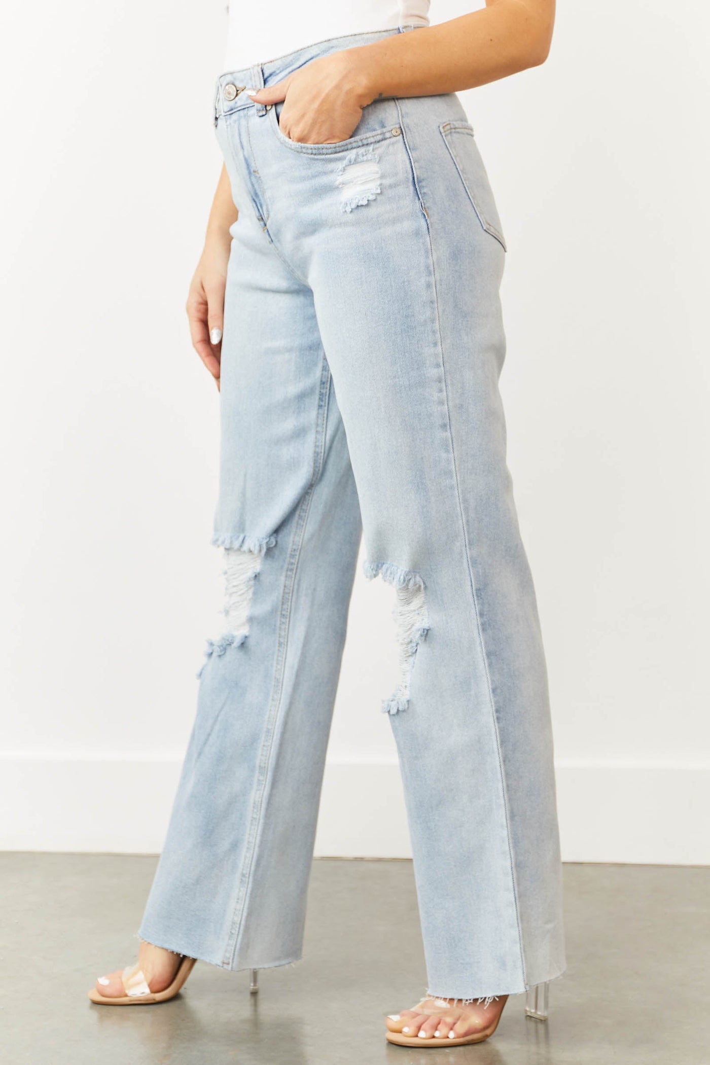 Light Wash Distressed Knee Wide Leg Jeans