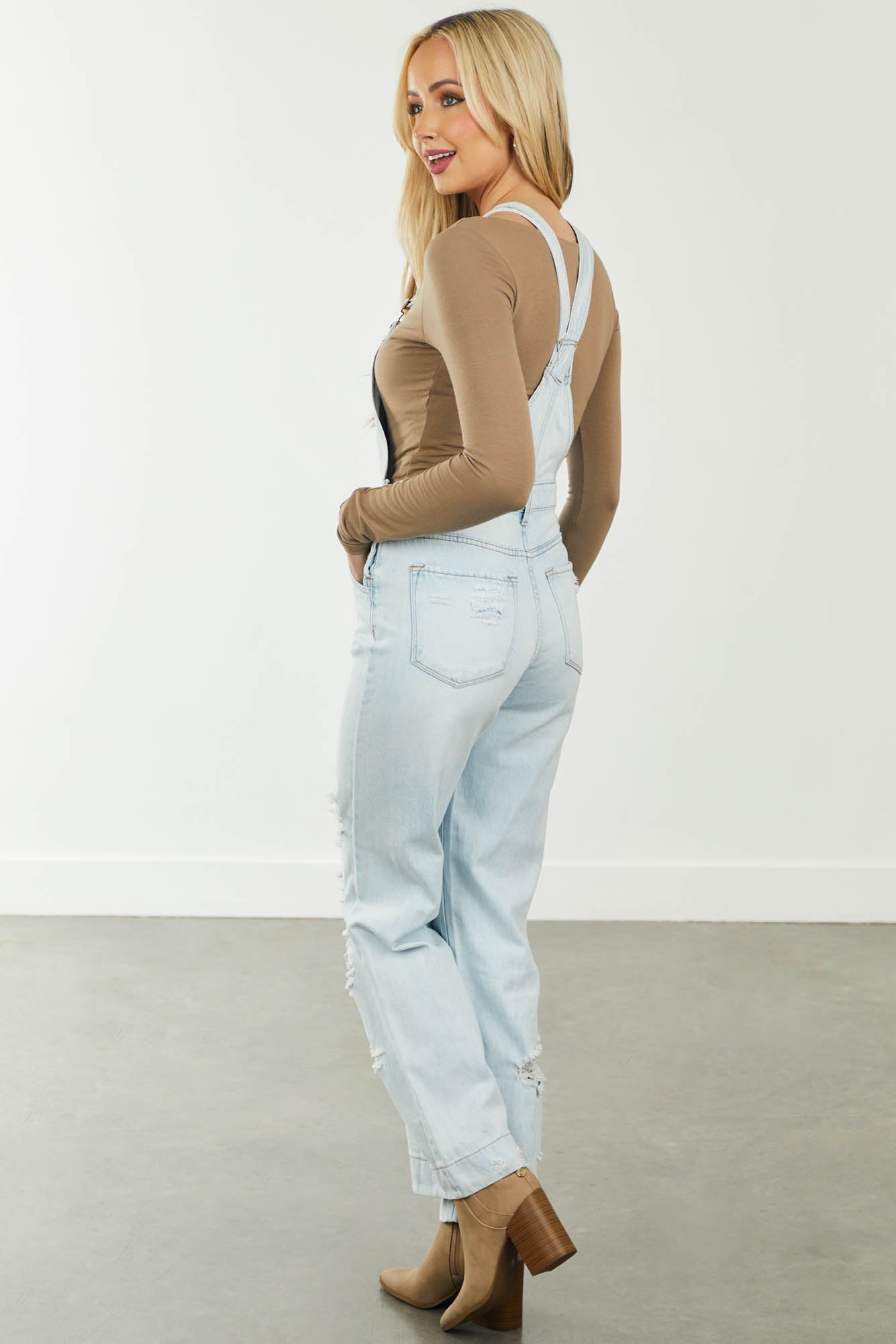 Light Wash Distressed Wide Leg Denim Overalls