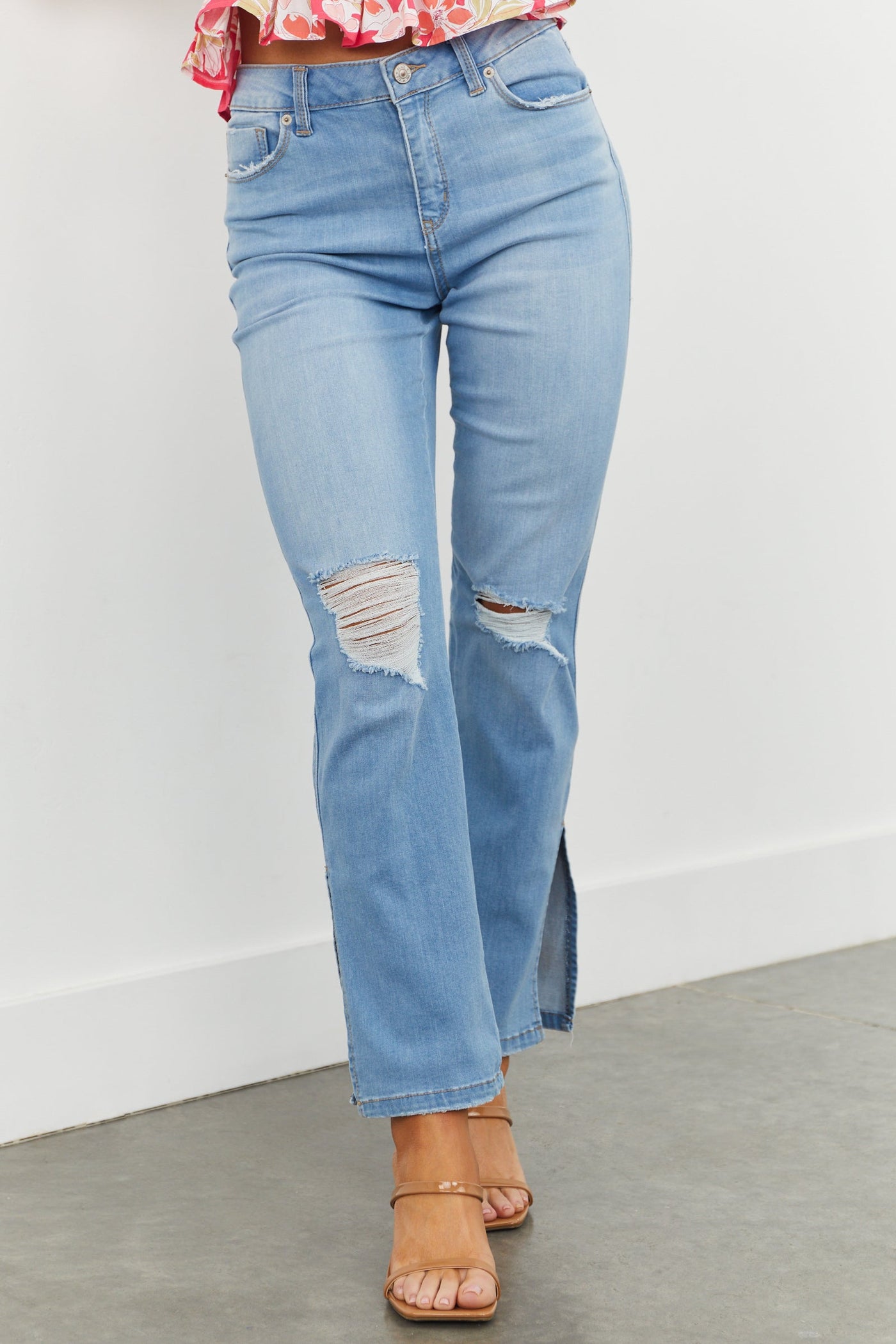 Light Wash High Rise Distressed Split Hem Jeans