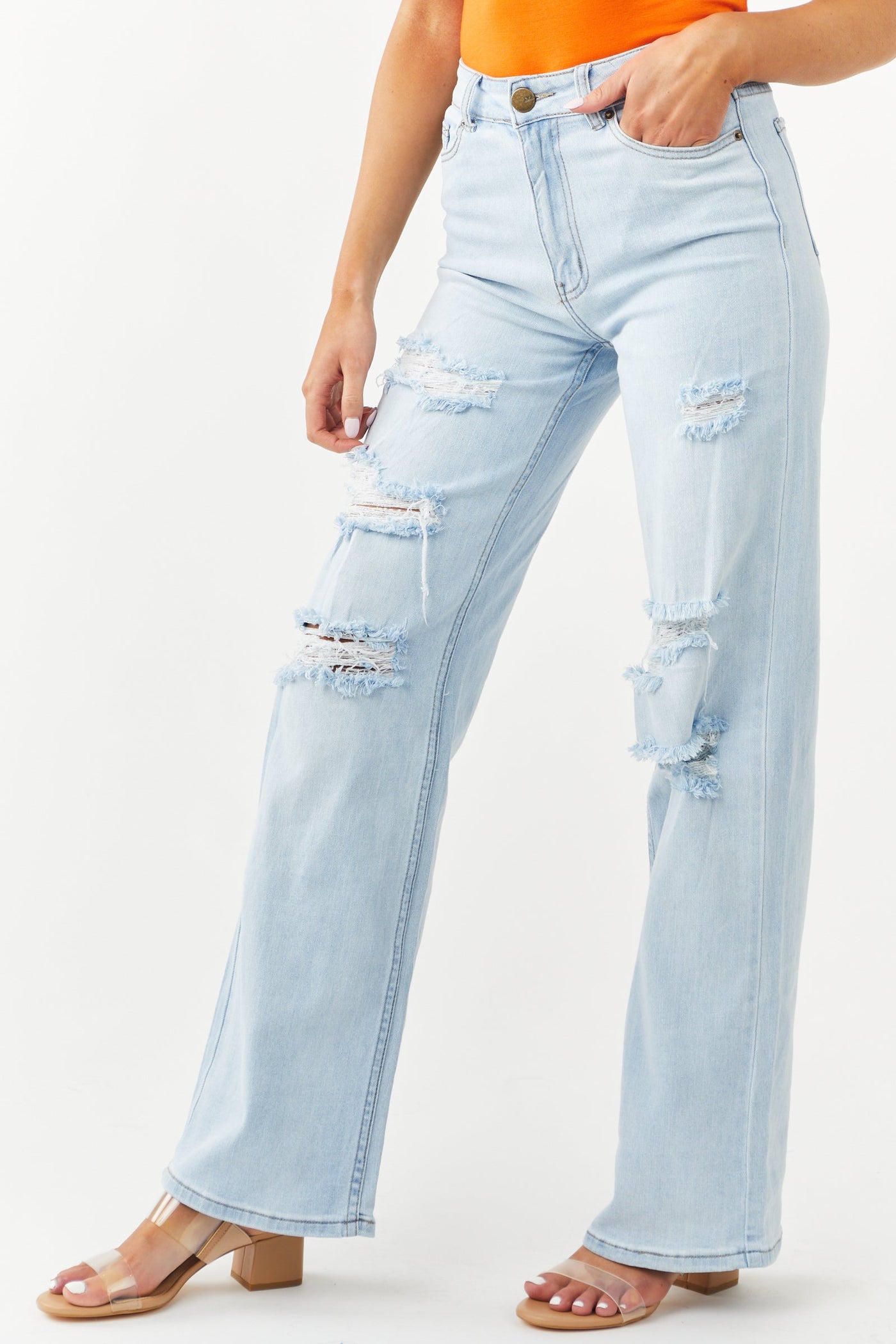 Light Wash High Rise Distressed Wide Leg Jeans