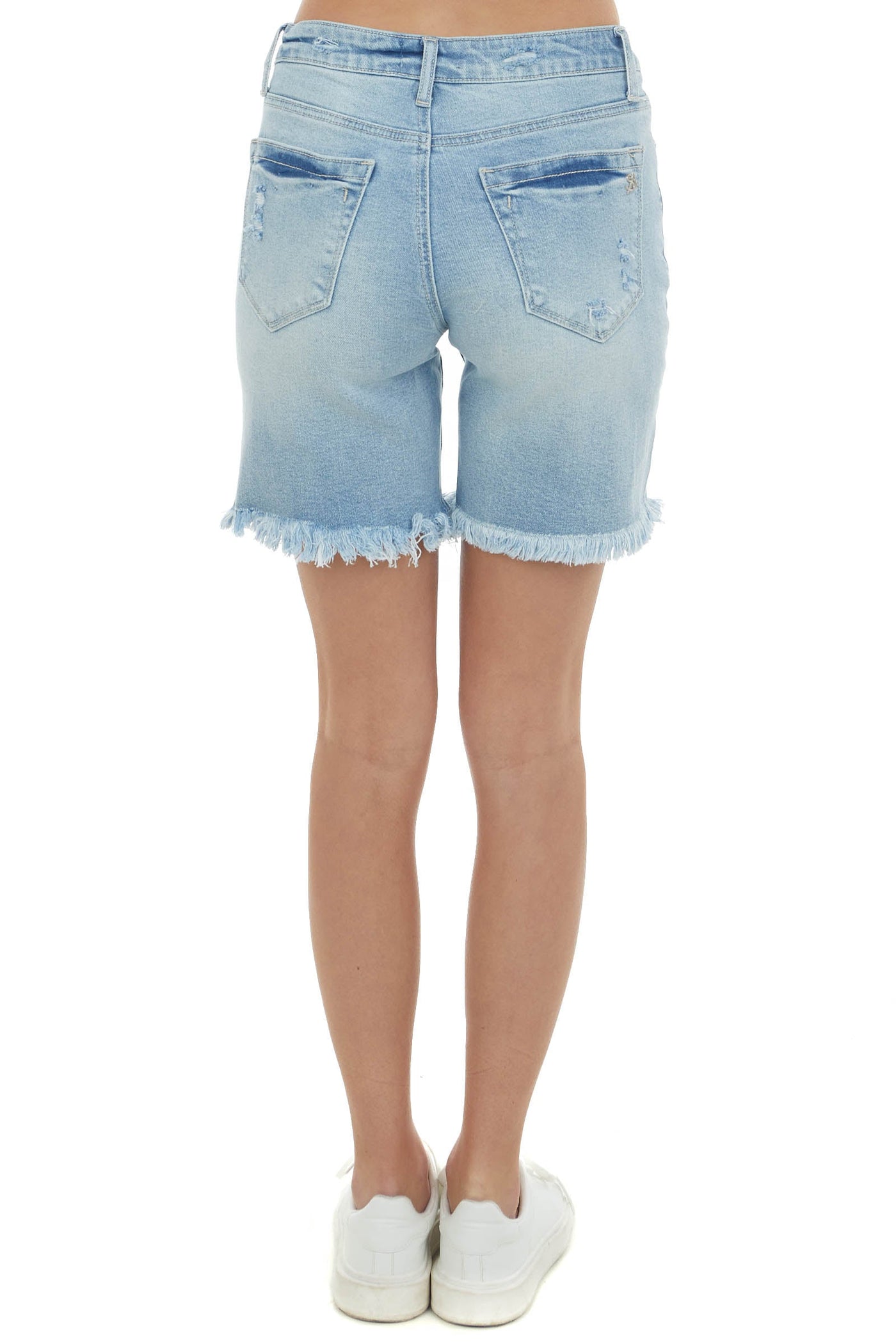 Light Wash High Rise Frayed Hem Bermuda Shorts