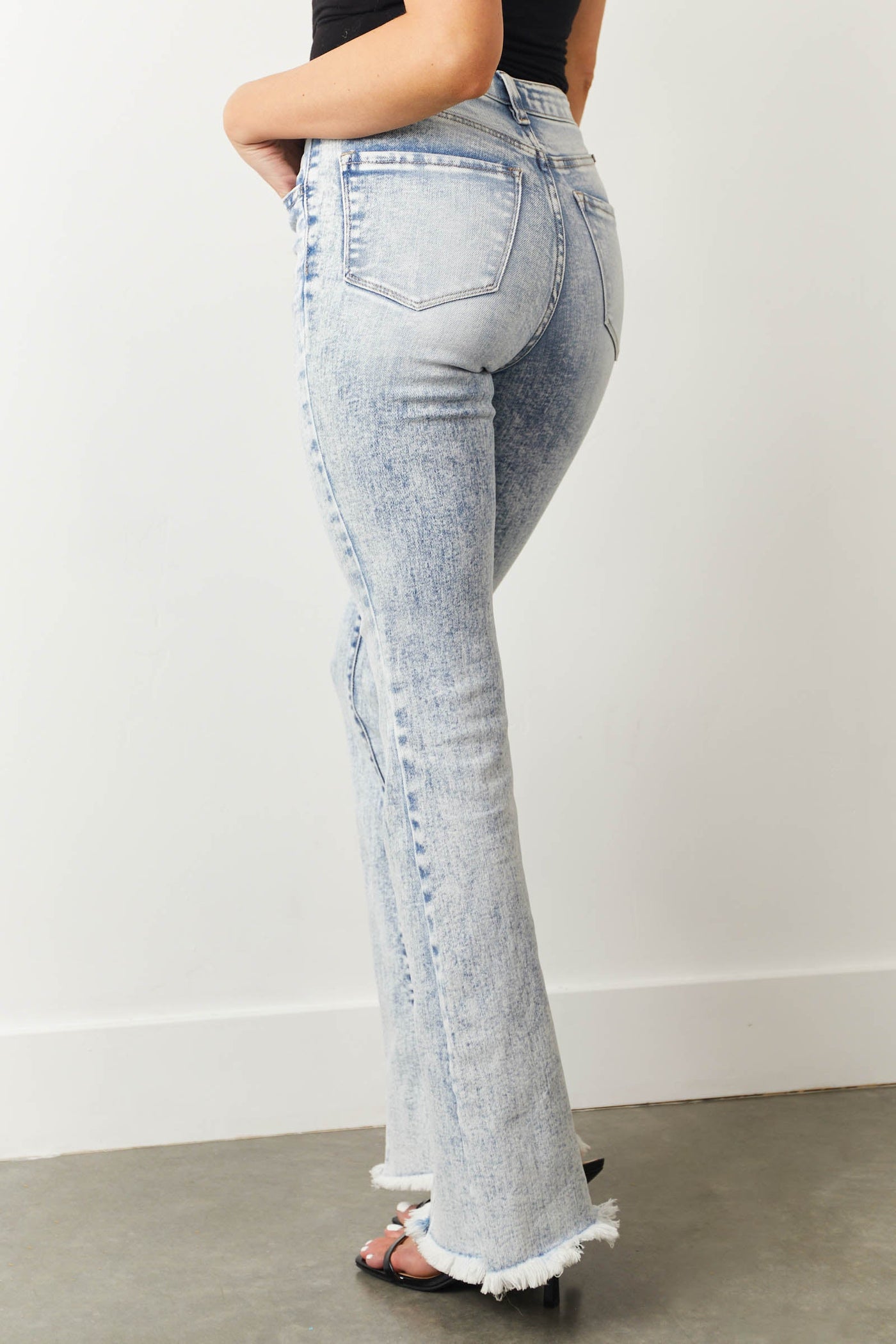 Light Wash High Rise Frayed Hem Flare Jeans