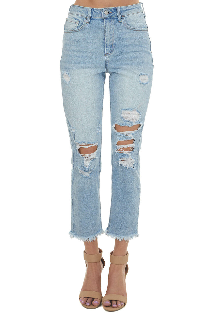 Light Wash High Rise Raw Hem Distressed Jeans