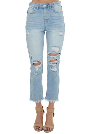 Light Wash High Rise Raw Hem Distressed Jeans