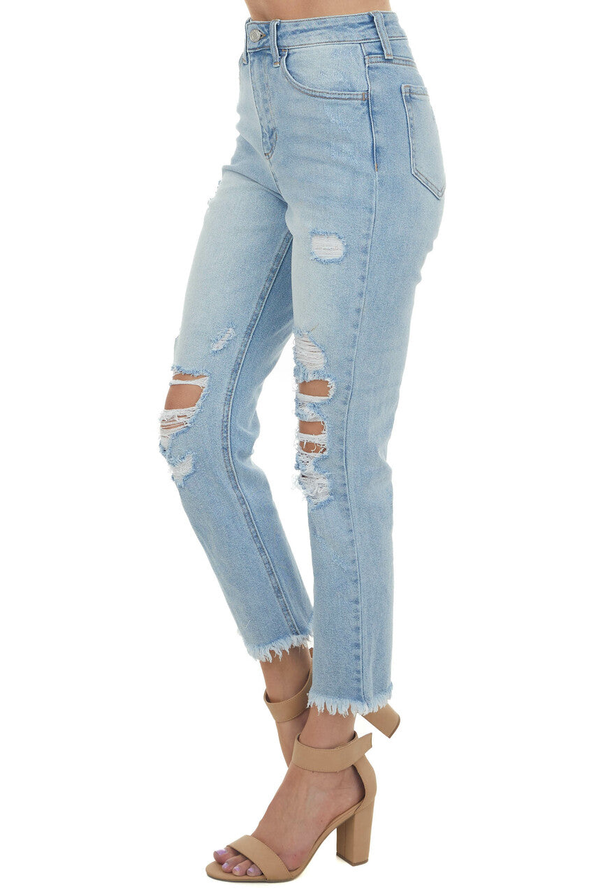 Light Wash High Rise Raw Hem Distressed Jeans