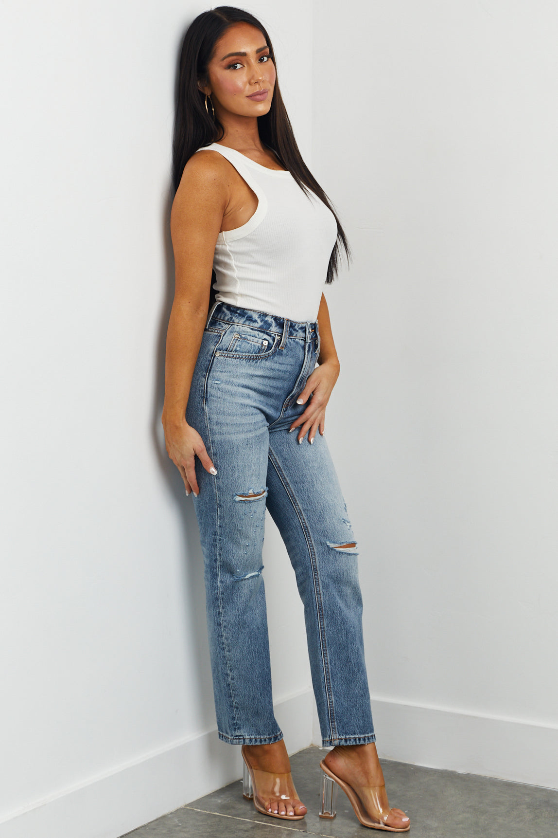 Light Wash Lightly Distressed Straight Leg Jeans