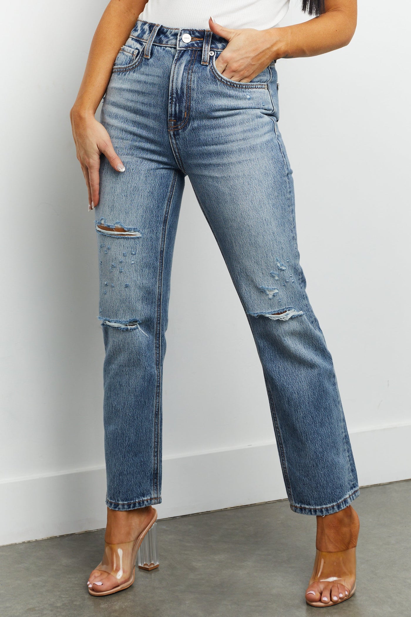 Light Wash Lightly Distressed Straight Leg Jeans