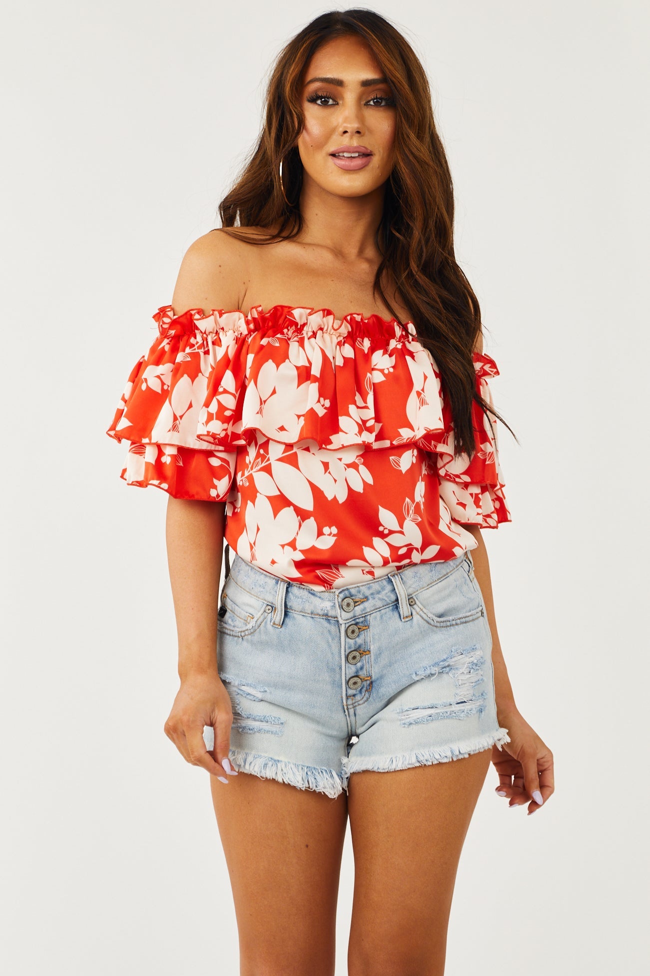 Light Wash Mid Rise Distressed Shorts with Frayed Hem