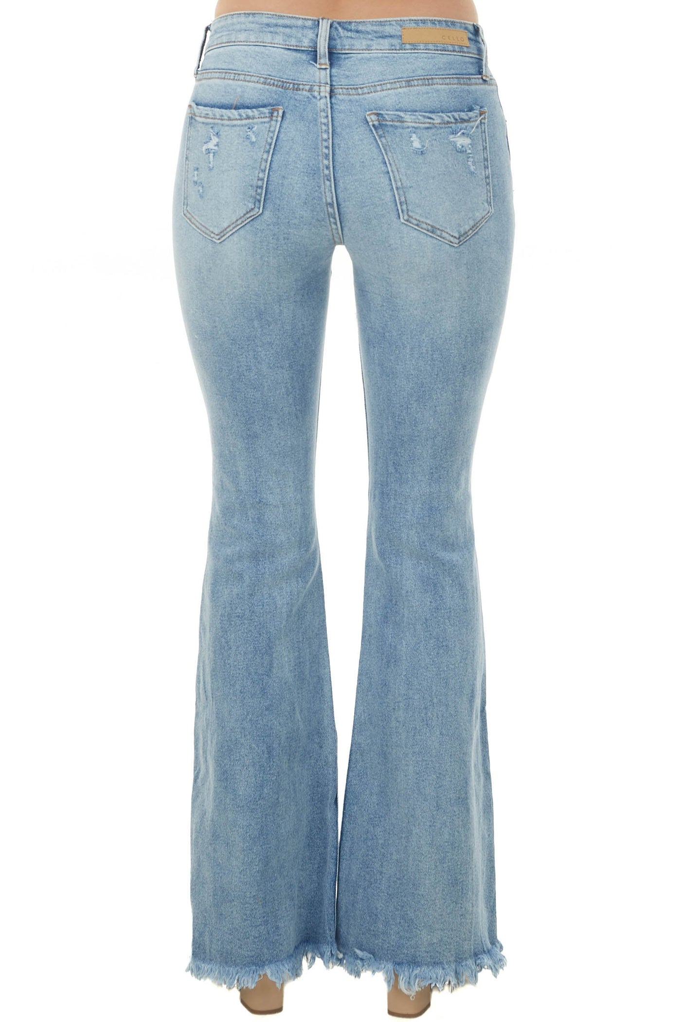 Light Wash Mid Rise Frayed Denim Flare Jeans