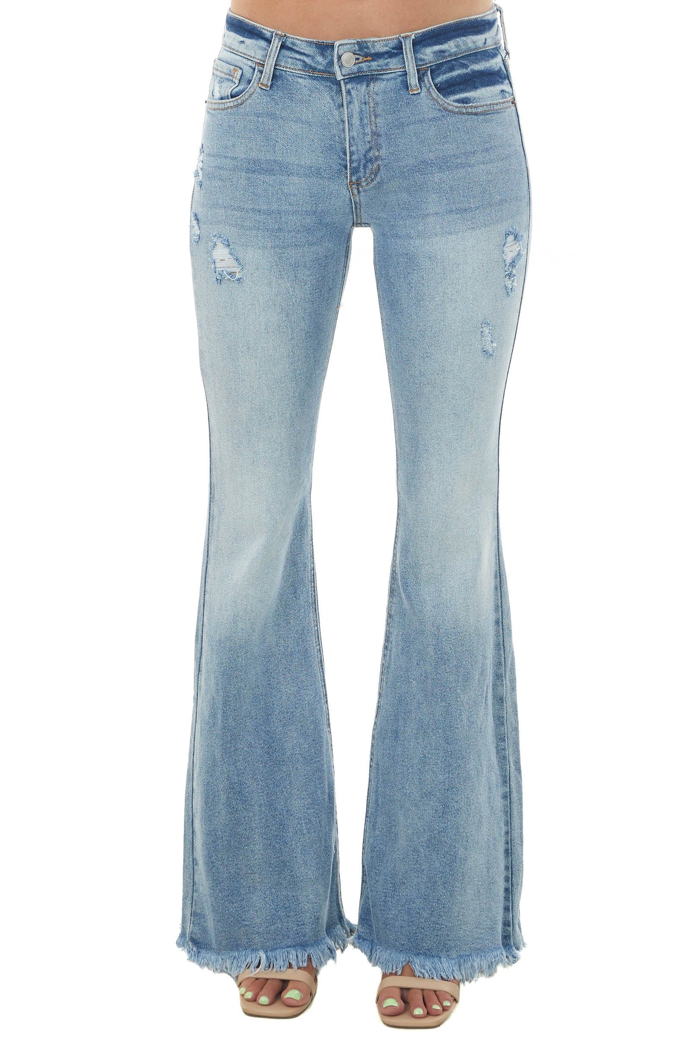 Light Wash Mid Rise Frayed Denim Flare Jeans