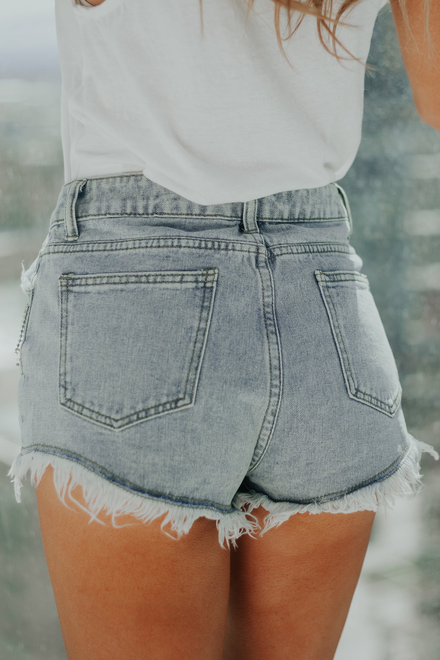 Light Washed Frayed Hem Rhinestone Fringe Shorts