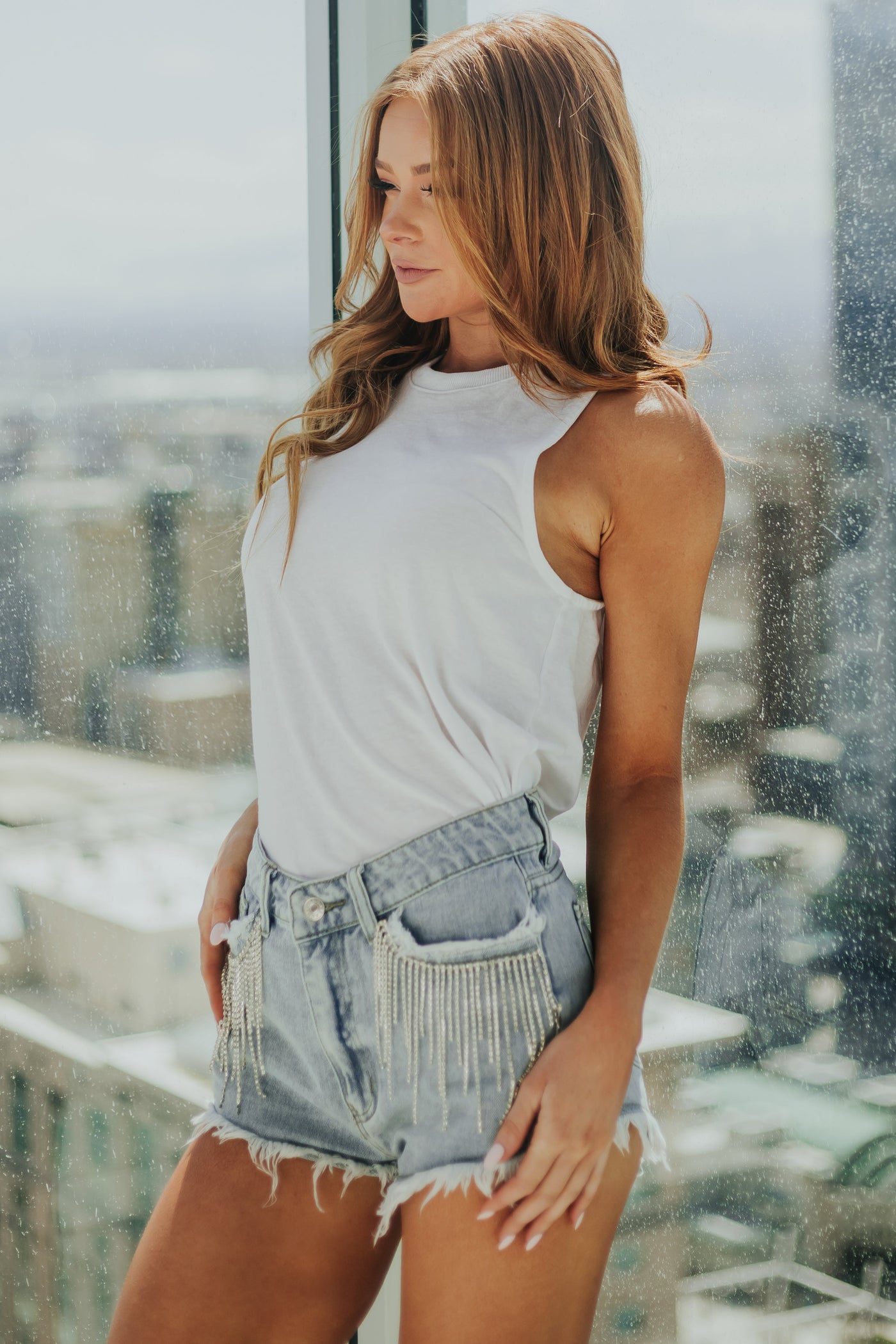 Light Washed Frayed Hem Rhinestone Fringe Shorts