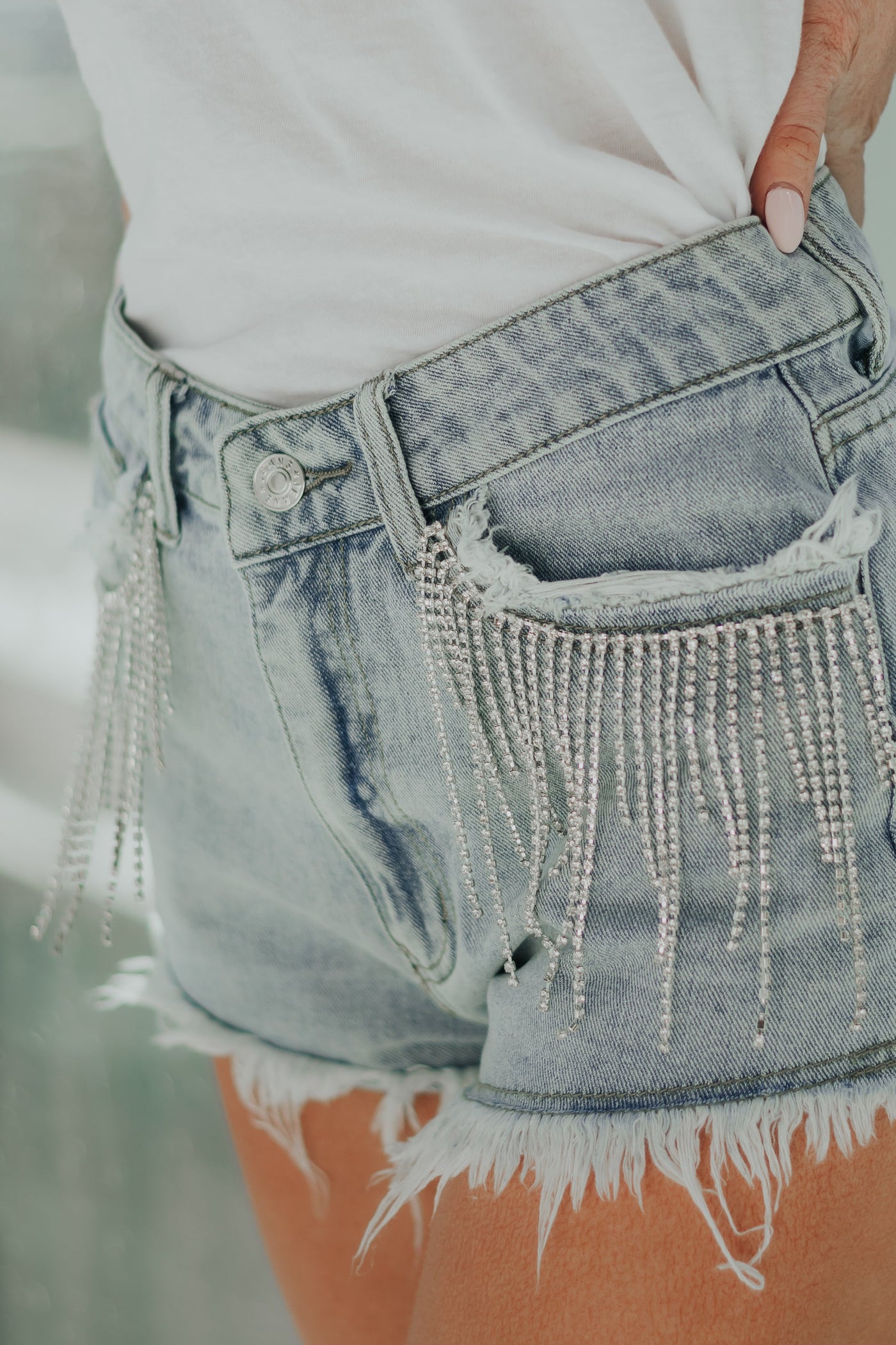 Light Washed Frayed Hem Rhinestone Fringe Shorts