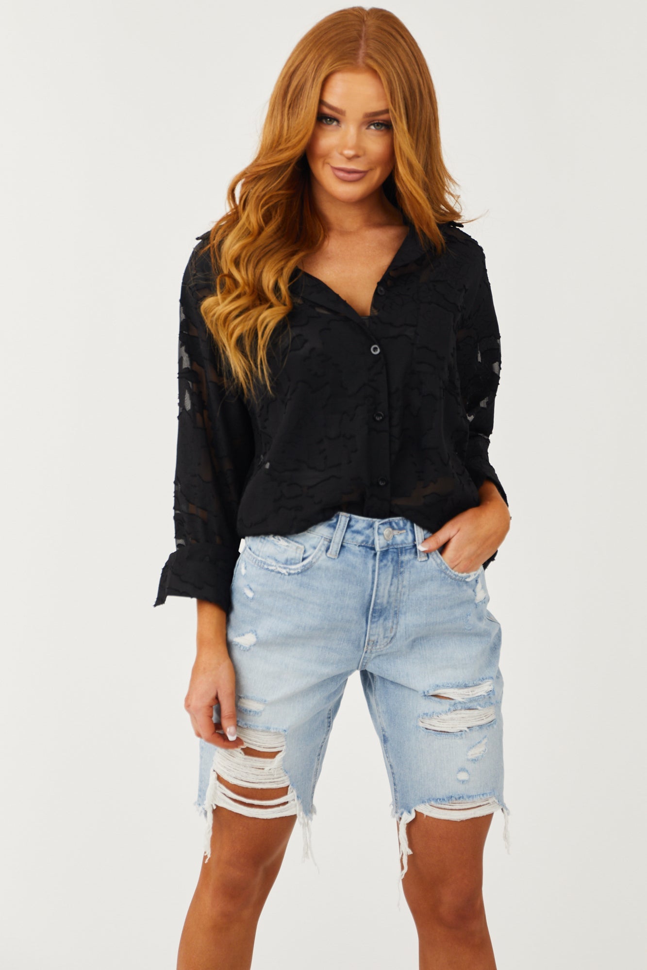 Light Washed High Rise Distressed Bermuda Shorts