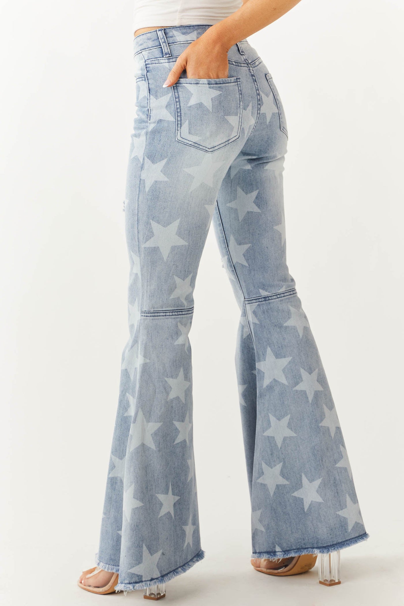 Light Washed Star Print High Rise Denim Jeans