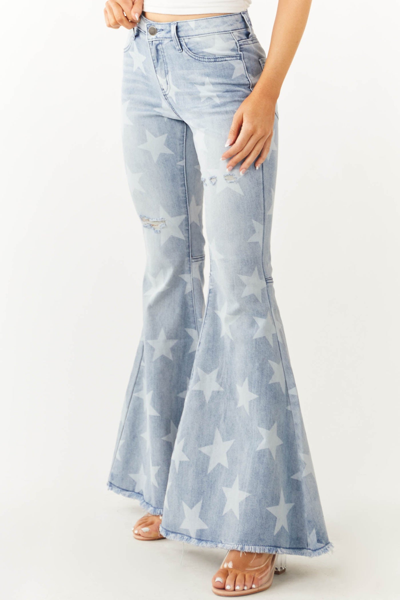 Light Washed Star Print High Rise Denim Jeans