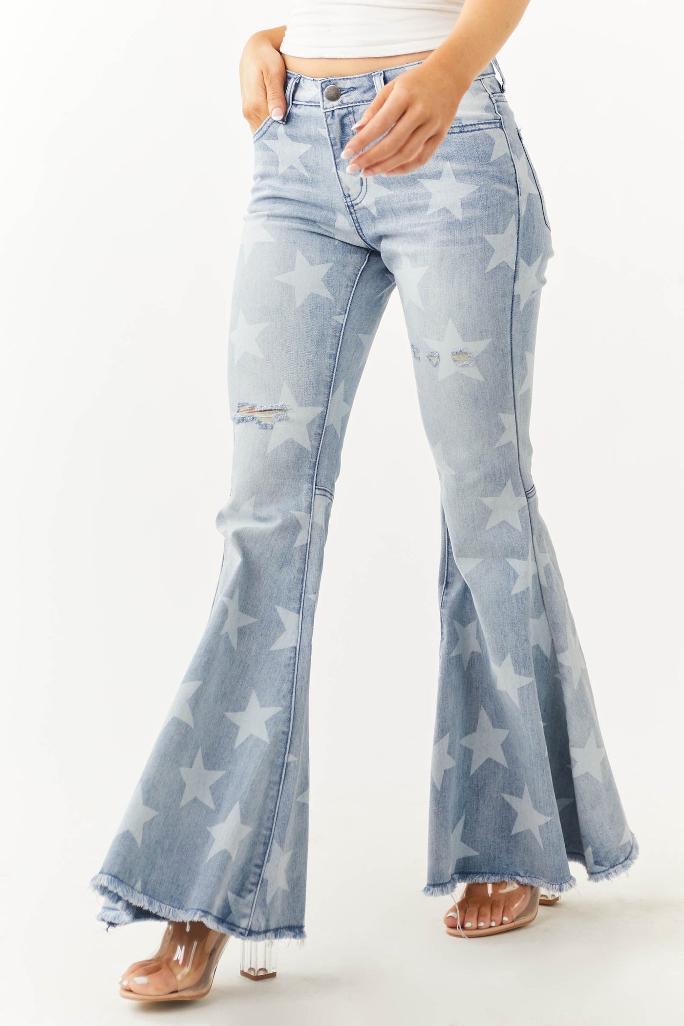 Light Washed Star Print High Rise Denim Jeans