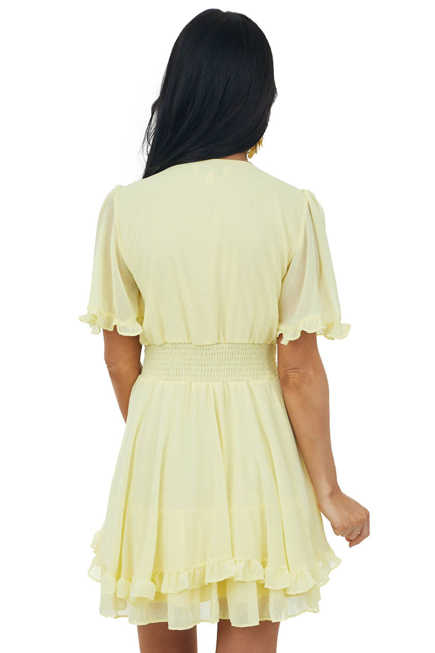 Light Yellow Ruffle Trim Front Tie Smocked Dress
