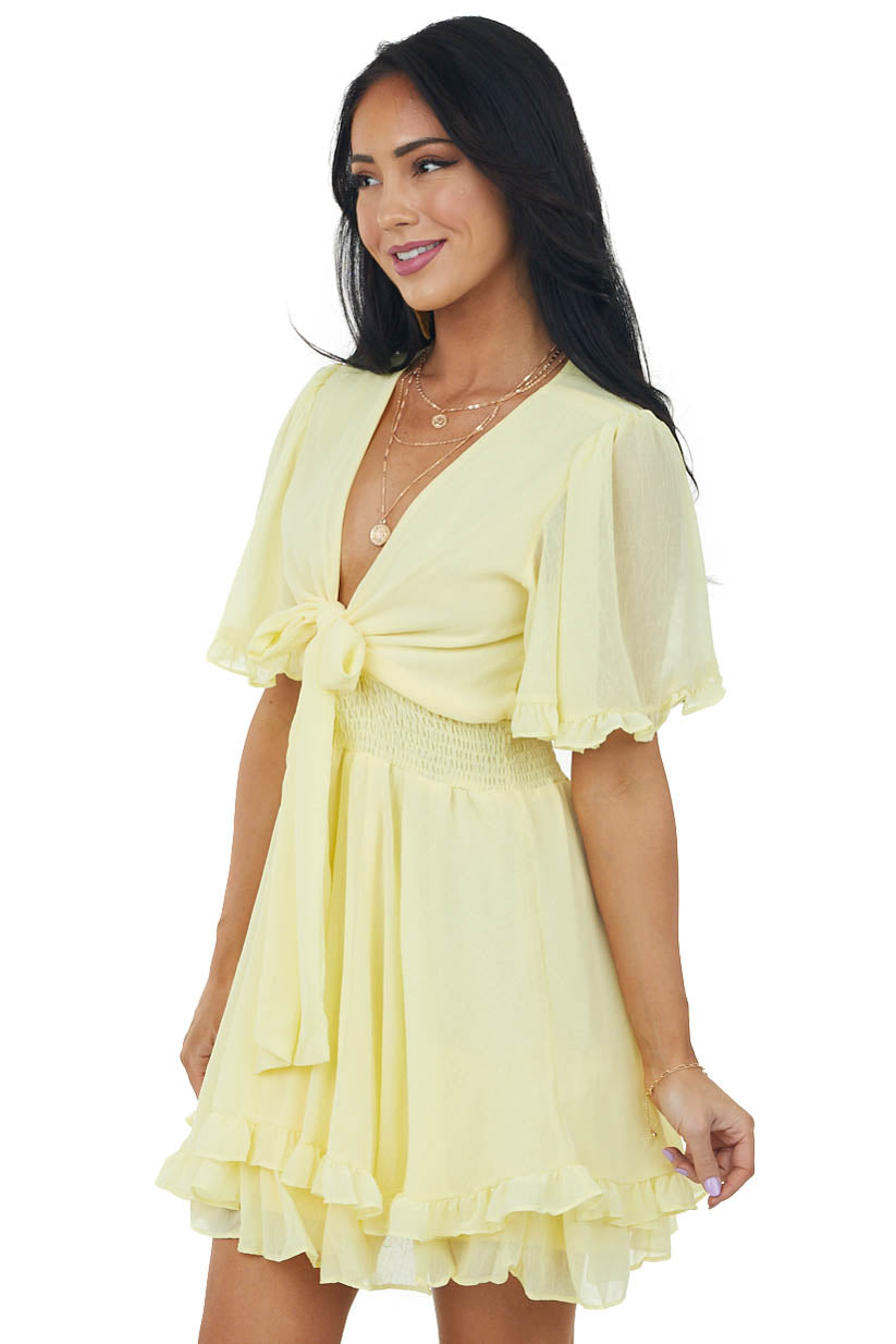 Light Yellow Ruffle Trim Front Tie Smocked Dress