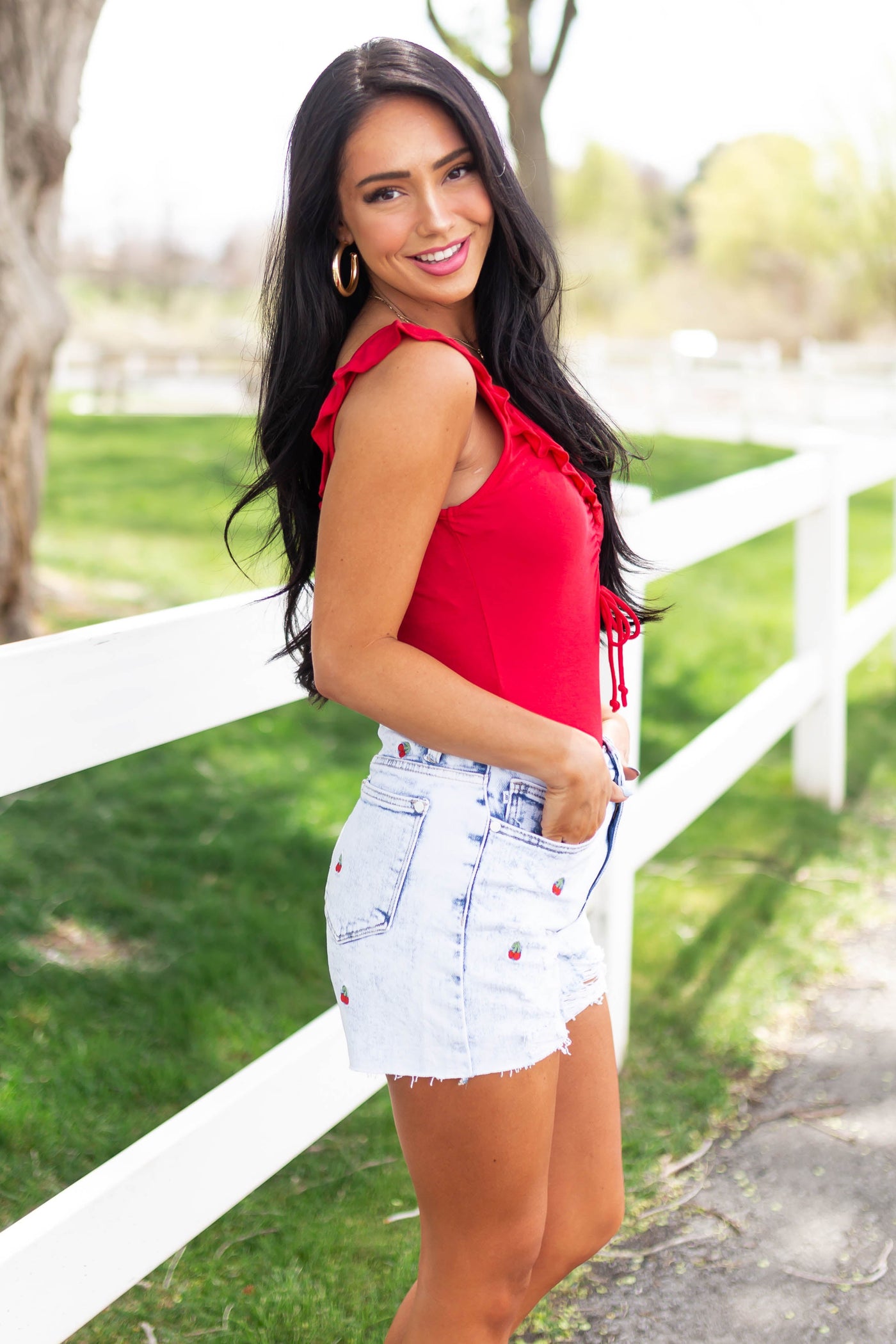 Light Acid Wash Cherry Embroidery Denim Shorts