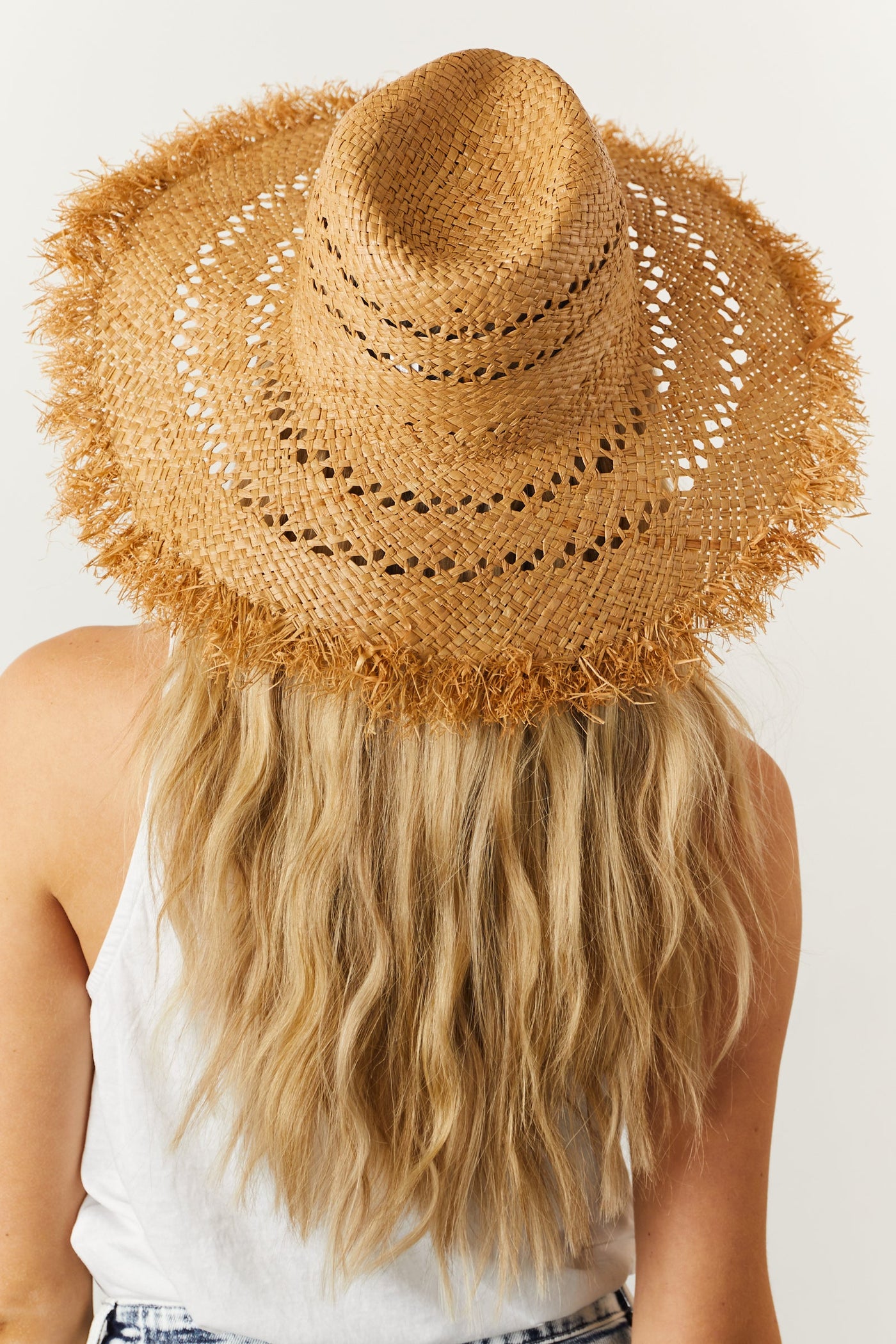 Light Cognac Eyelet Frayed Trim Woven Straw Hat