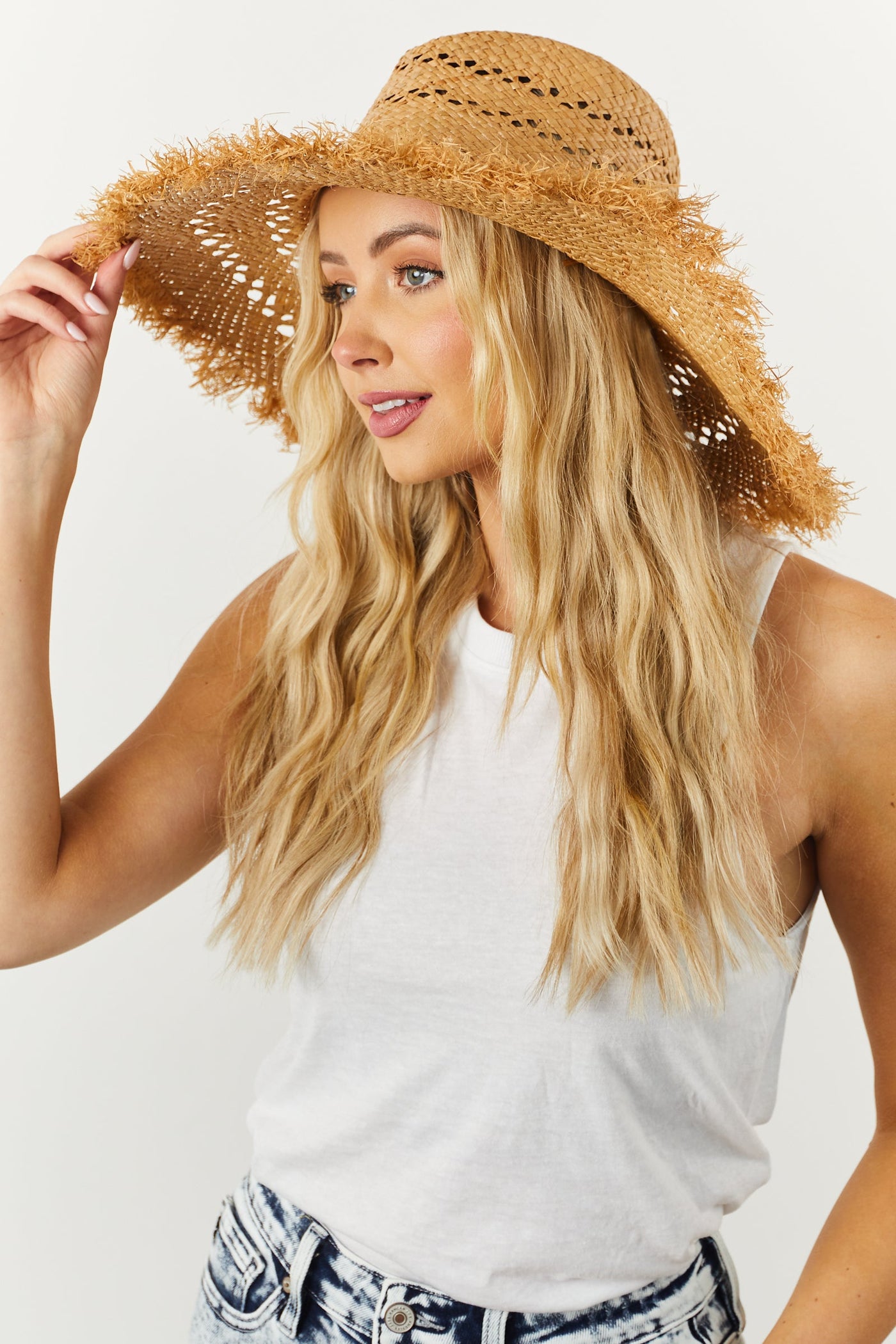 Light Cognac Eyelet Frayed Trim Woven Straw Hat