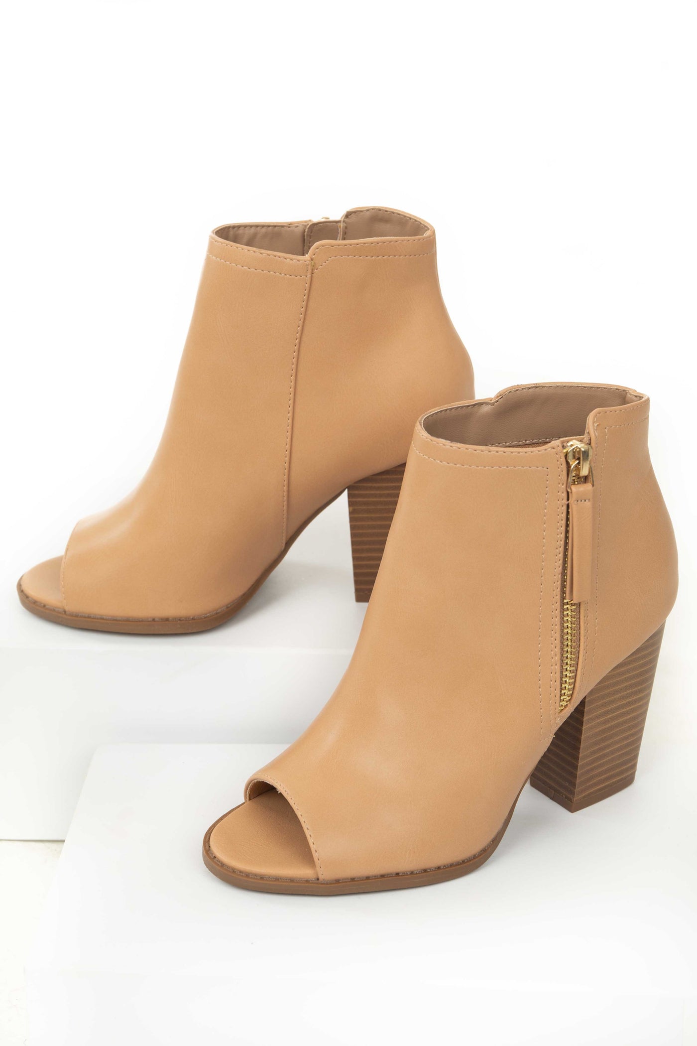 Light Cognac Peep Toe Block Heel Ankle Booties