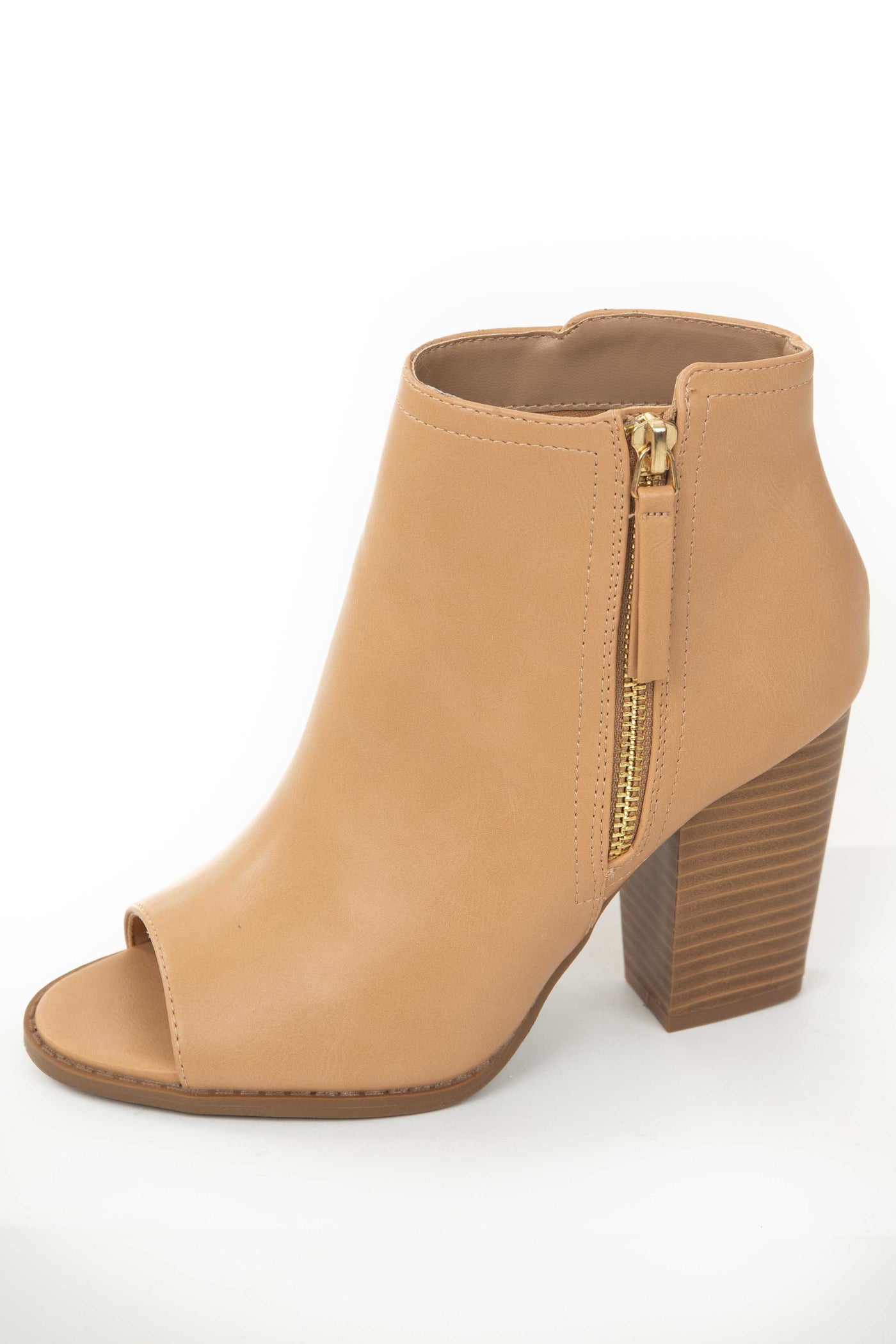 Light Cognac Peep Toe Block Heel Ankle Booties