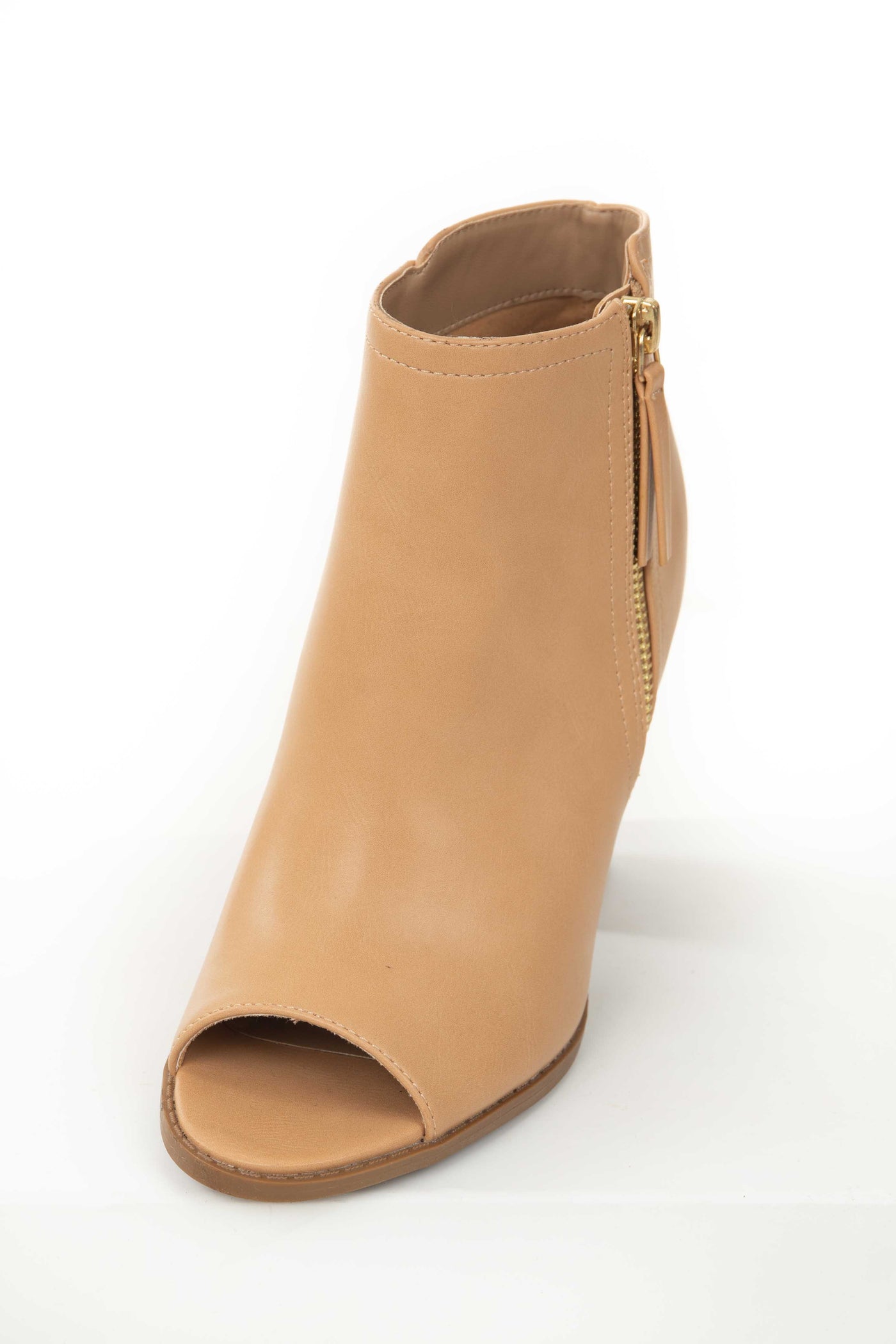 Light Cognac Peep Toe Block Heel Ankle Booties